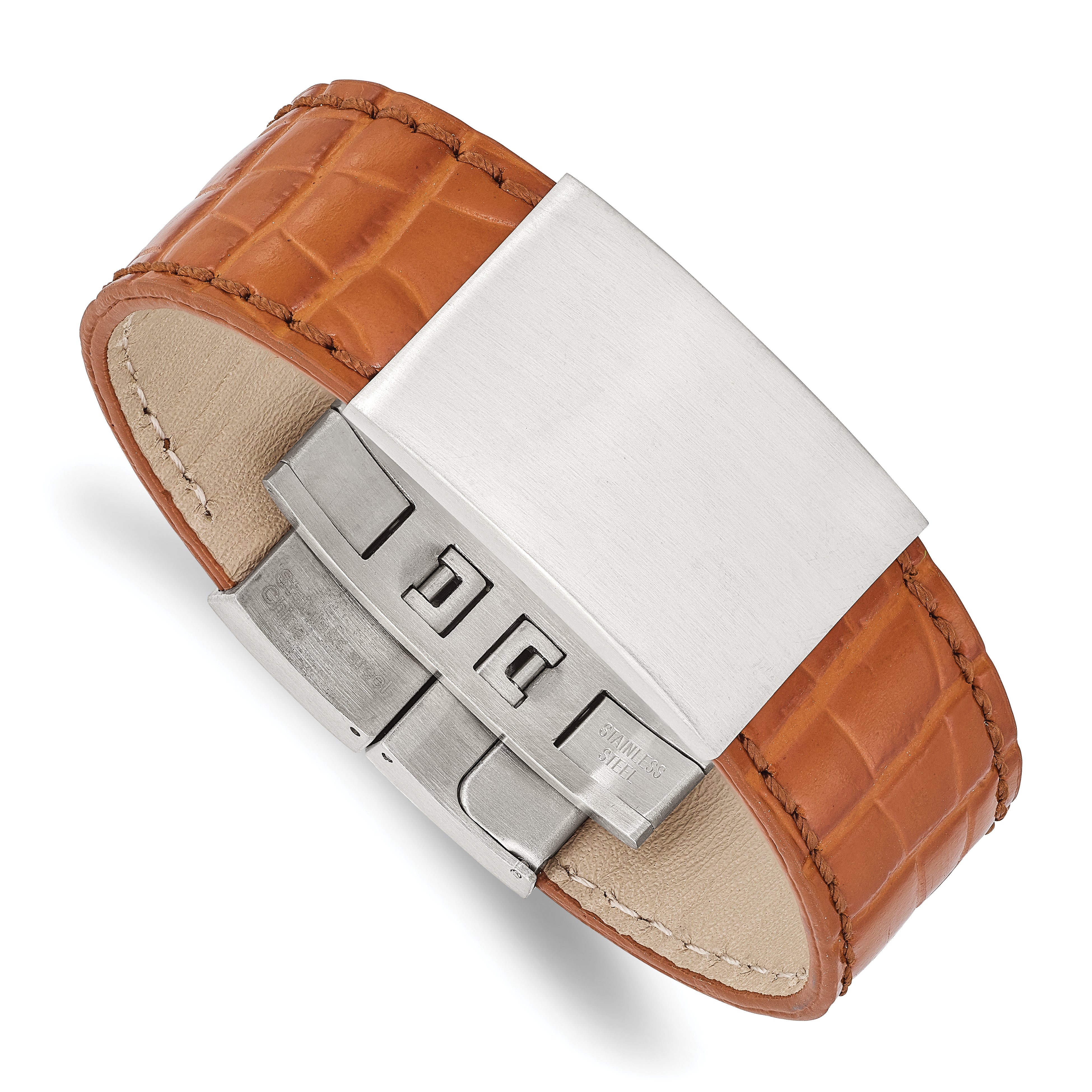 Stainless Steel Satin Textured Light Brown Leather 8in ID Bracelet Main image