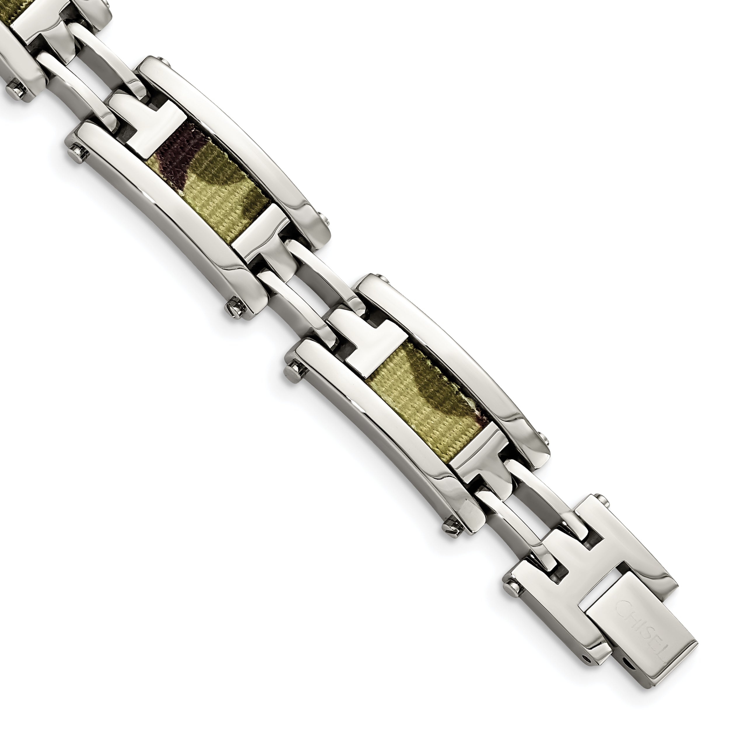Stainless Steel Polished w/Brown Camo Fabric Inlay 8.75in Bracelet Main image