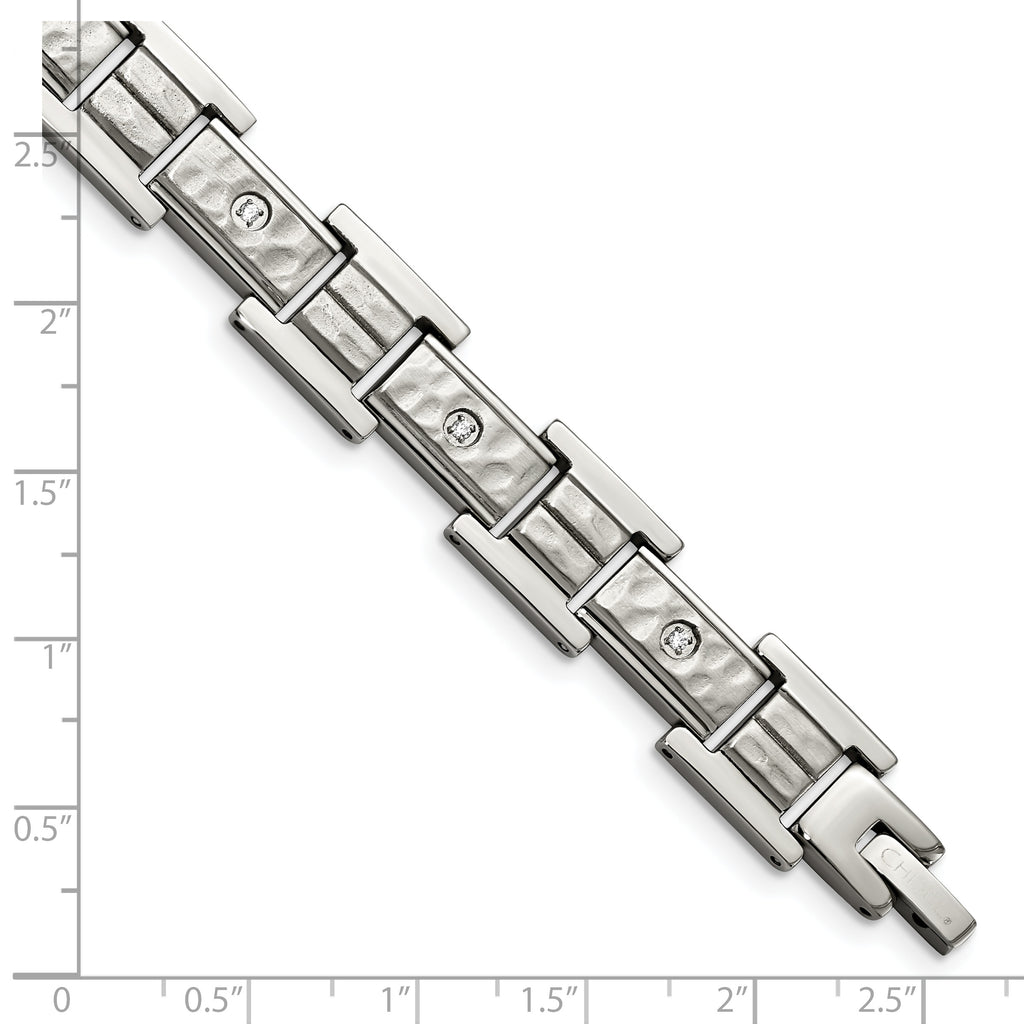 Chisel Stainless Steel Brushed Polished and Hammered with CZ 8.5 inch Bracelet