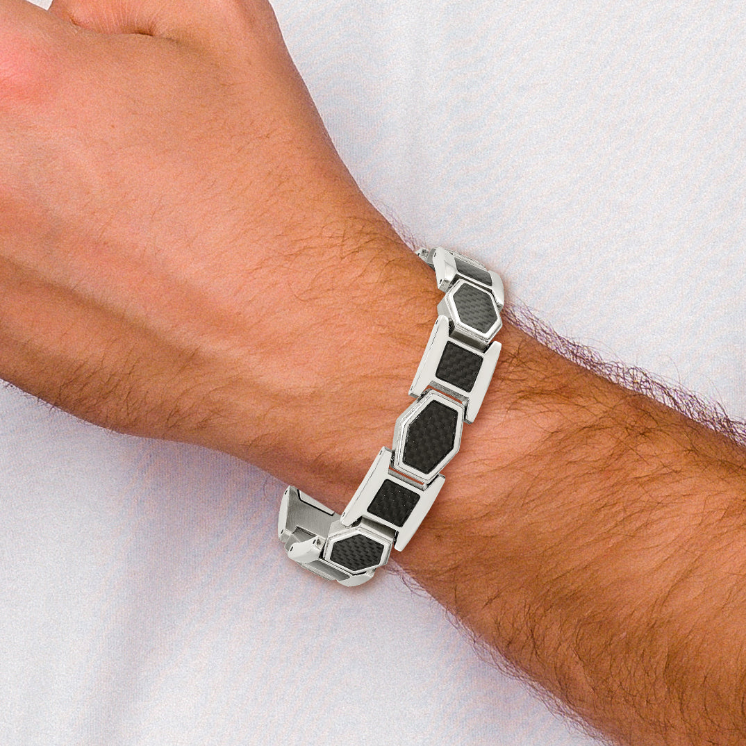 Chisel Stainless Steel Polished with Black Carbon Fiber Inlay 8.75 inch Link Bracelet