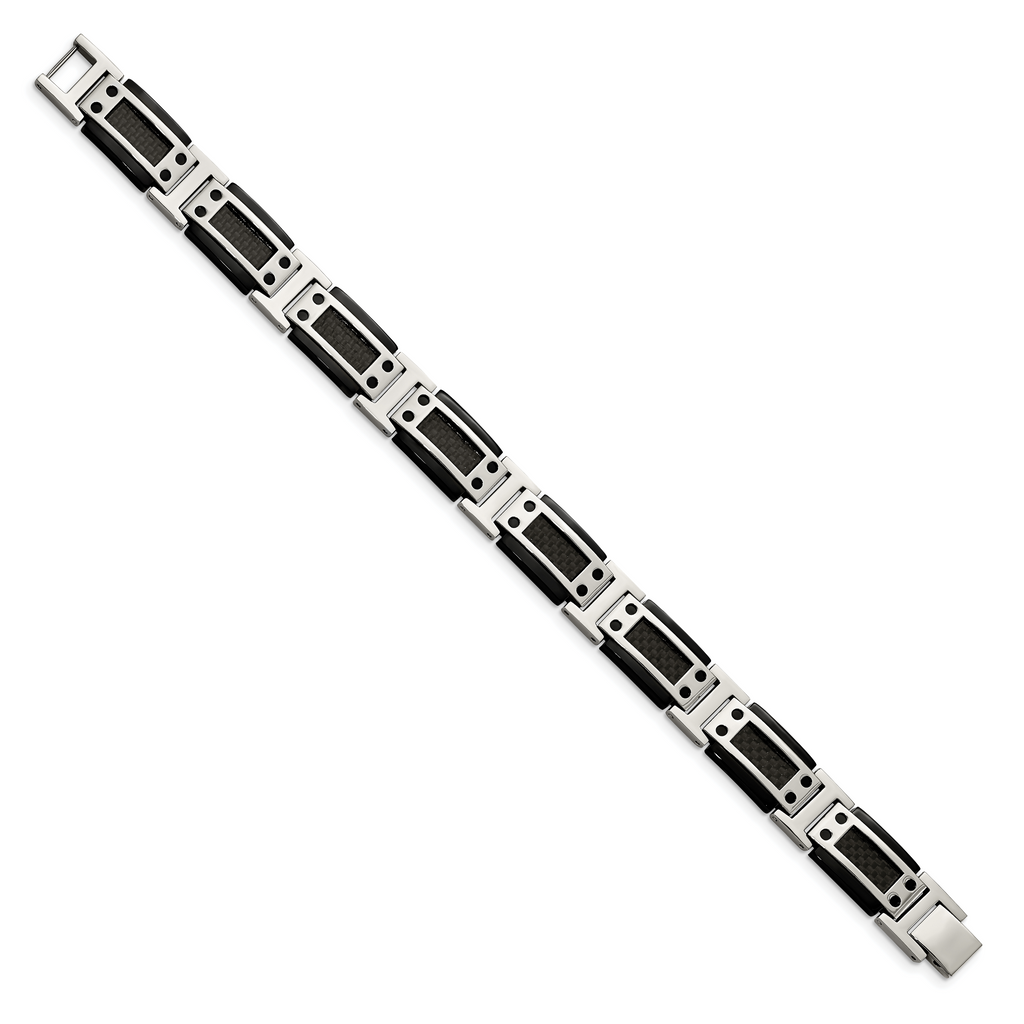 Chisel Stainless Steel Polished Black IP-plated with Black Carbon Fiber Inlay 8.5 inch Link Bracelet