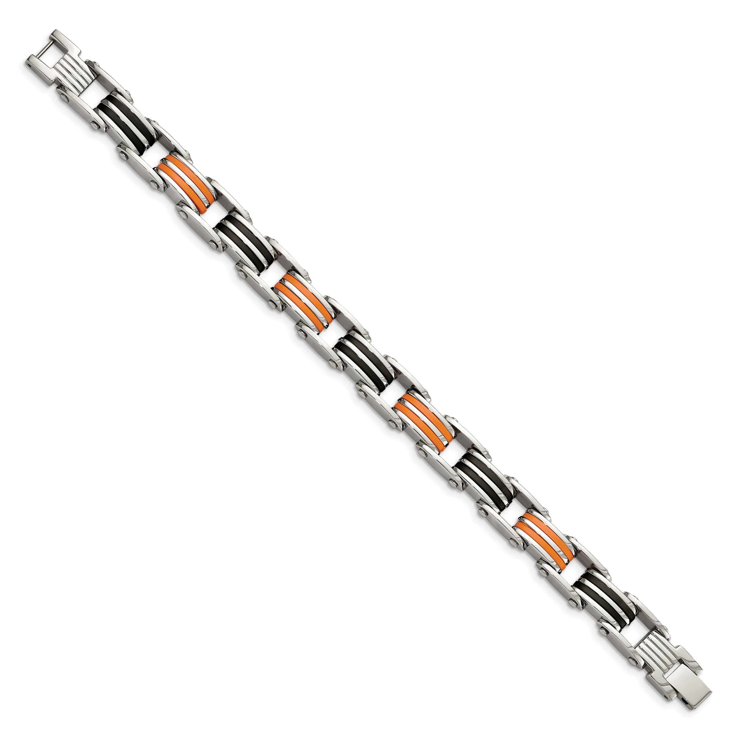 Chisel Stainless Steel Polished with Black and Orange Rubber 8.5 inch Link Bracelet