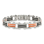 Chisel Stainless Steel Polished with Black and Orange Rubber 8.5 inch Link Bracelet