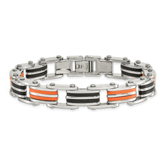 Chisel Stainless Steel Polished with Black and Orange Rubber 8.5 inch Link Bracelet