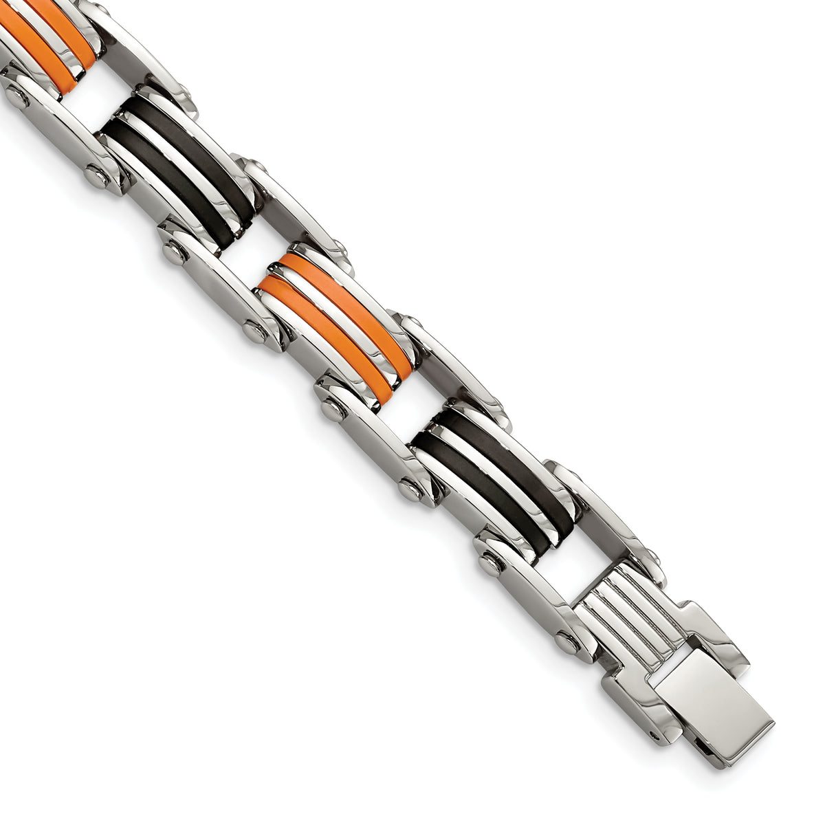 Chisel Stainless Steel Polished with Black and Orange Rubber 8.5 inch Link Bracelet
