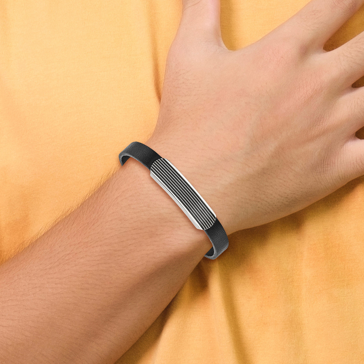 Chisel Stainless Steel Polished Enameled Striped Black Leather 8.5 inch Bracelet - 8.5