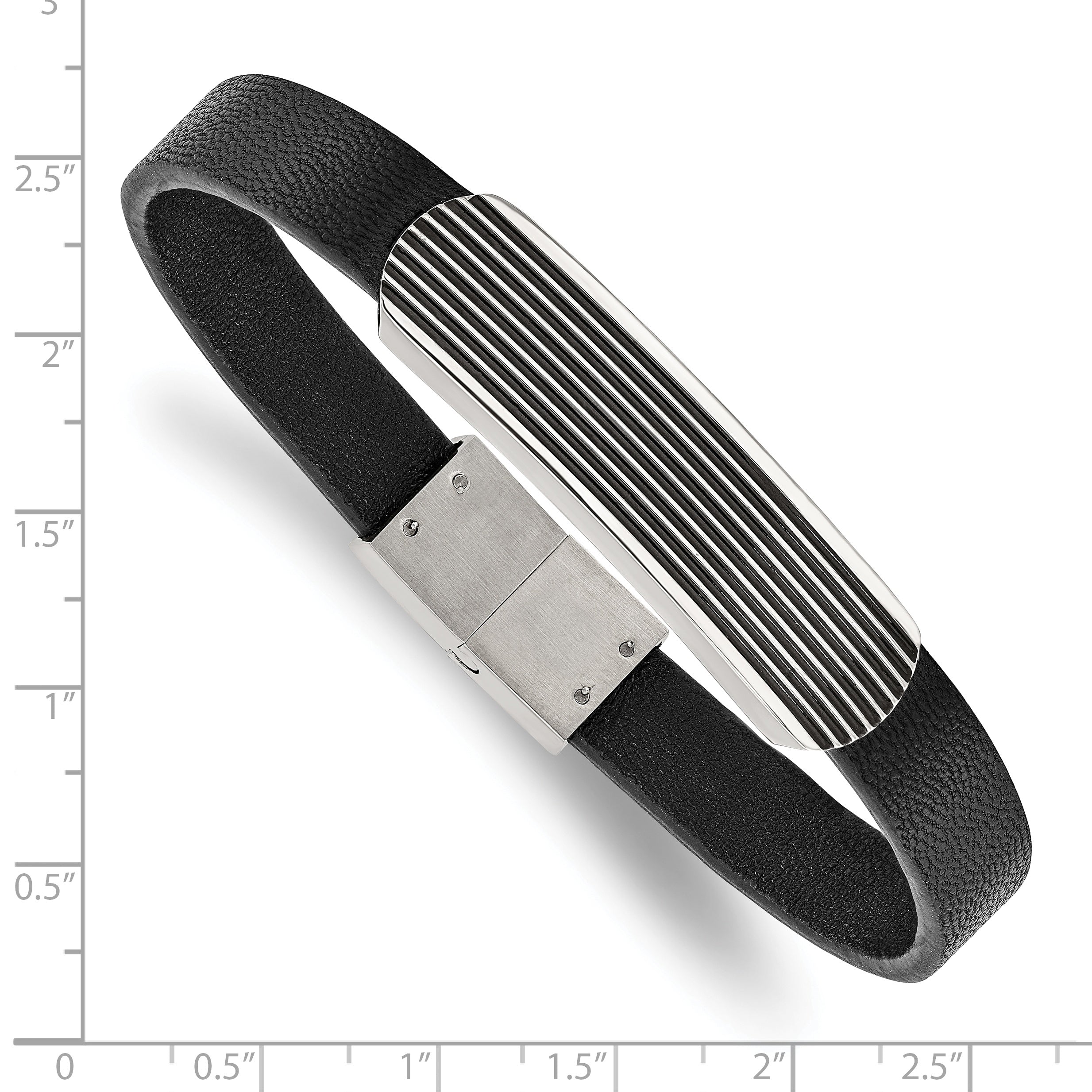 Chisel Stainless Steel Polished Enameled Striped Black Leather 8.5 inch Bracelet - 8.5