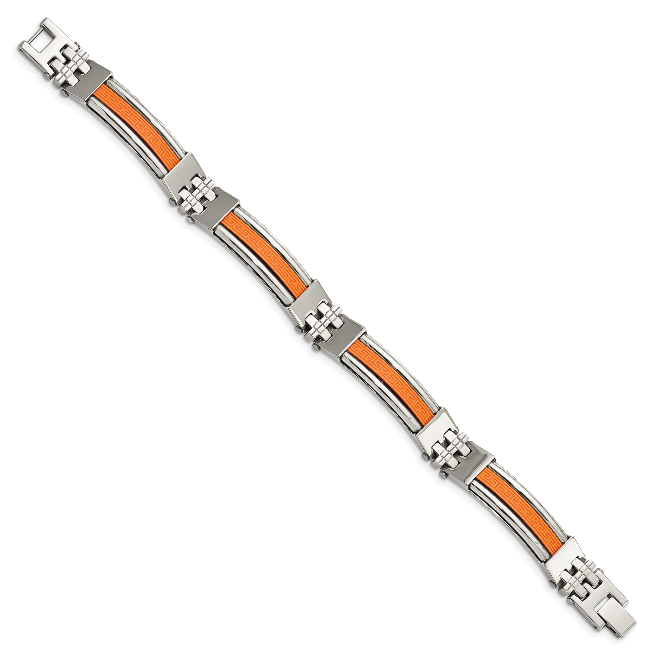 Chisel Stainless Steel Polished with Orange Greek Key Design Rubber Inlay 9 inch Bracelet