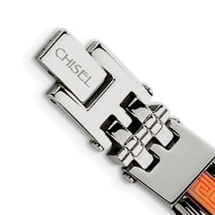 Chisel Stainless Steel Polished with Orange Greek Key Design Rubber Inlay 9 inch Bracelet