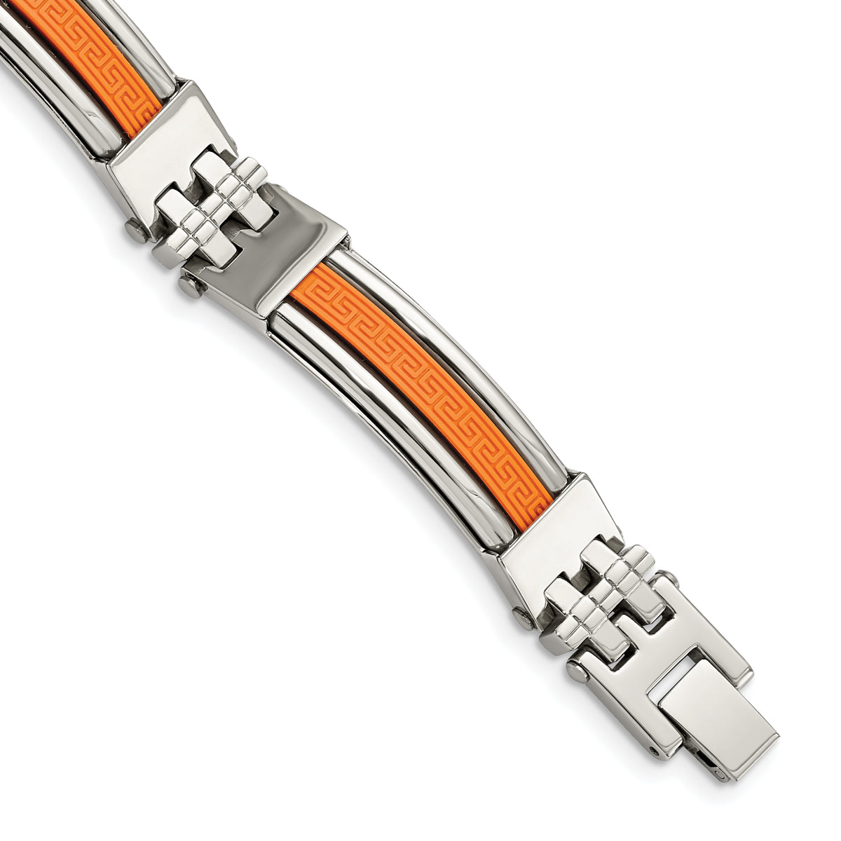 Chisel Stainless Steel Polished with Orange Greek Key Design Rubber Inlay 9 inch Bracelet