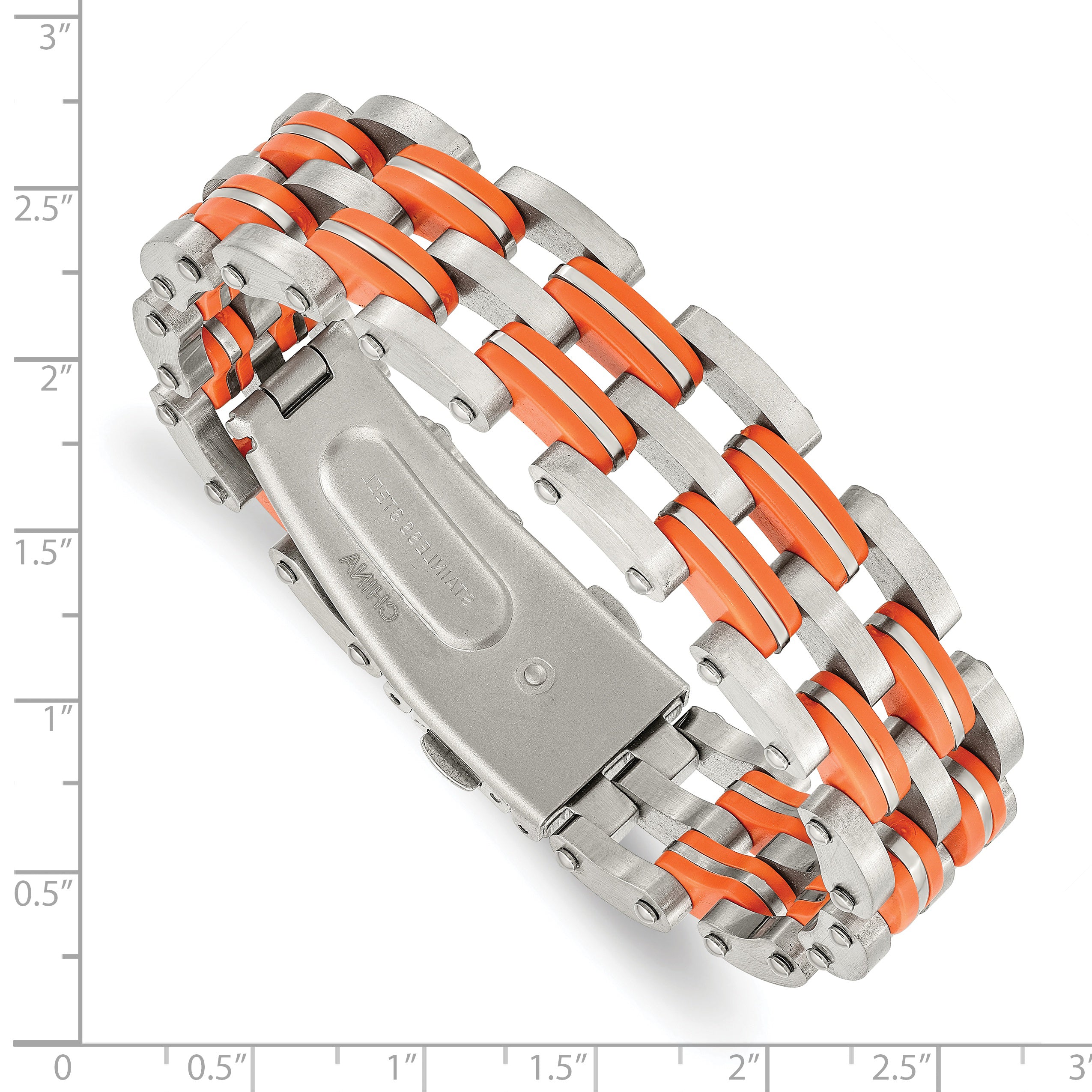Chisel Stainless Steel Brushed with Orange Rubber 8 inch Bracelet