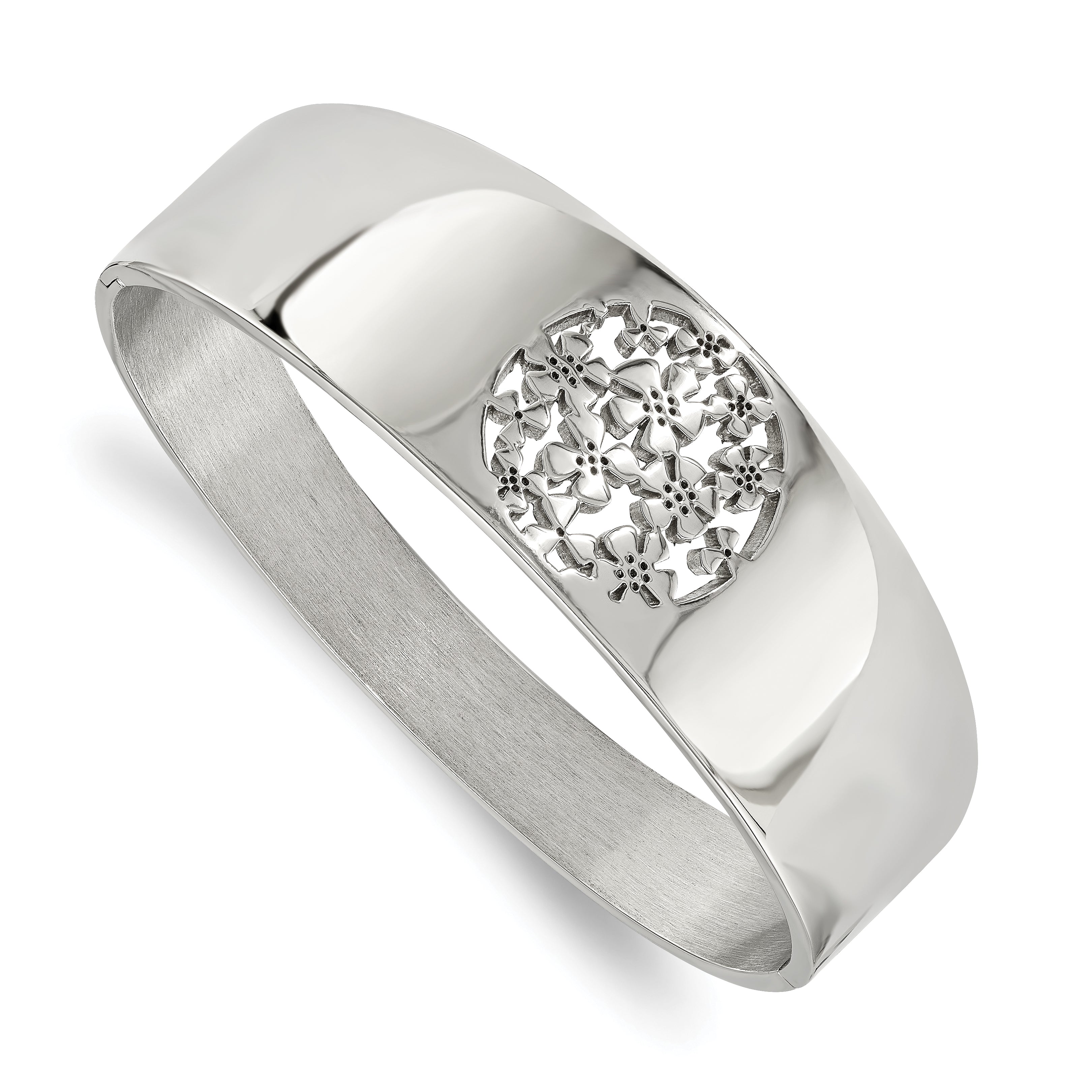 Stainless Steel Polished Circle Flower Cut-out Hinged Bangle Main image