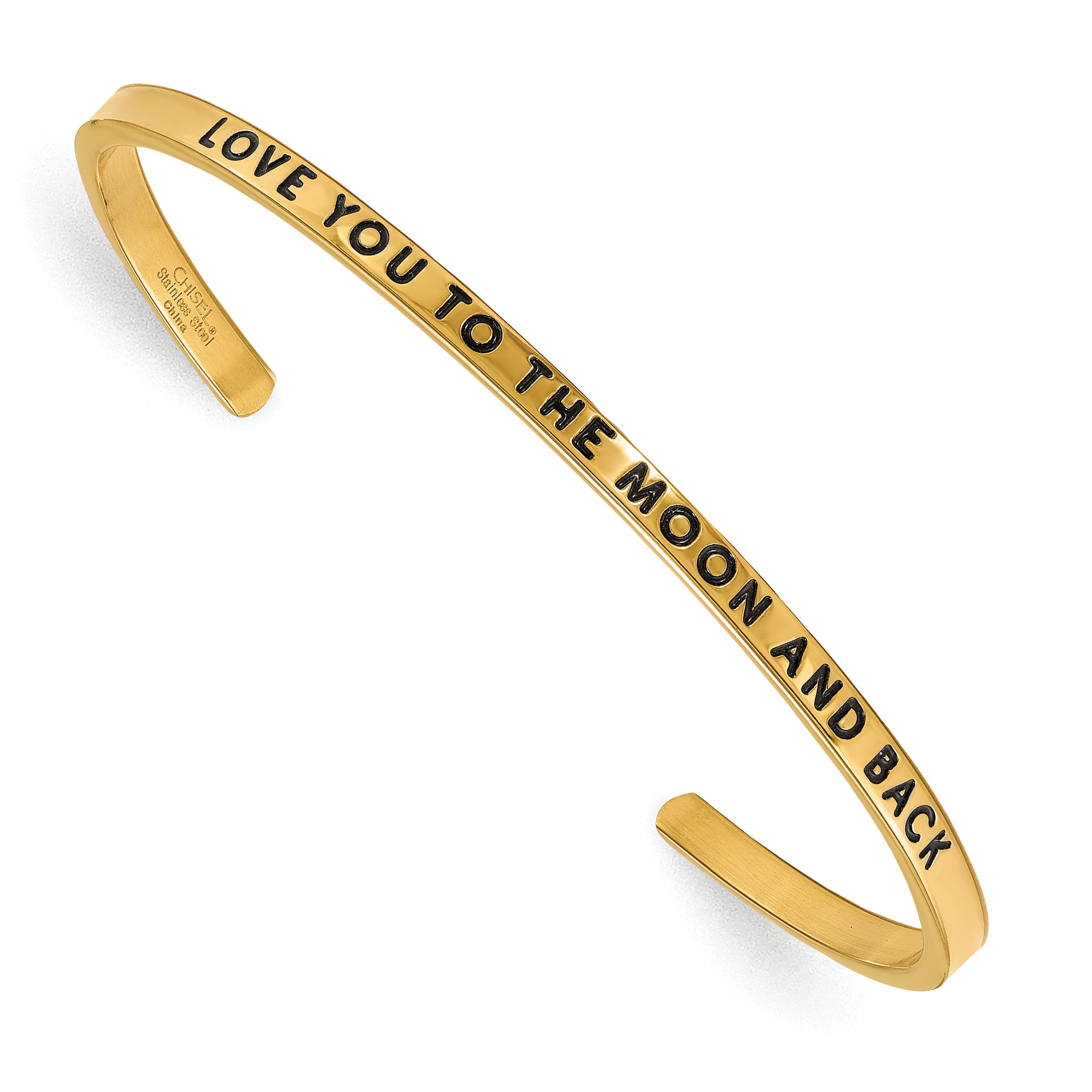 Chisel Stainless Steel Polished and Enameled Yellow IP-plated with Crystal LOVE YOU TO THE MOON AND BACK 3mm Cuff Bangle Main image