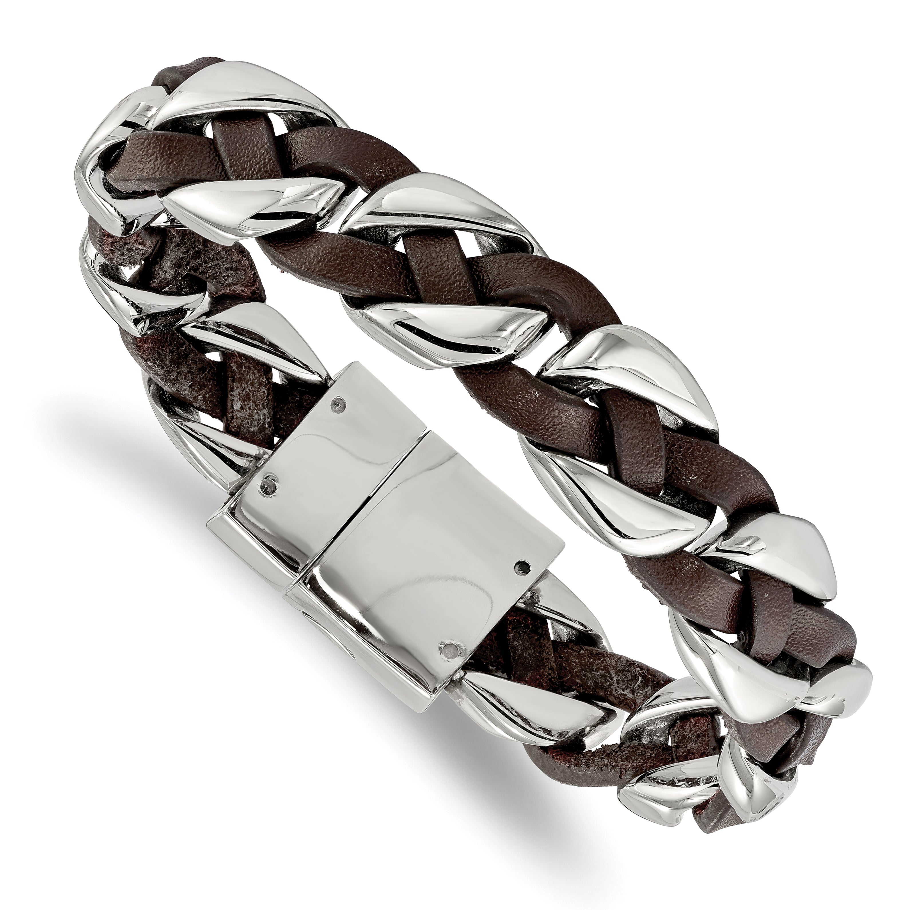 Chisel Stainless Steel Polished Brown Braided Leather 8.5 inch Bracelet Main image