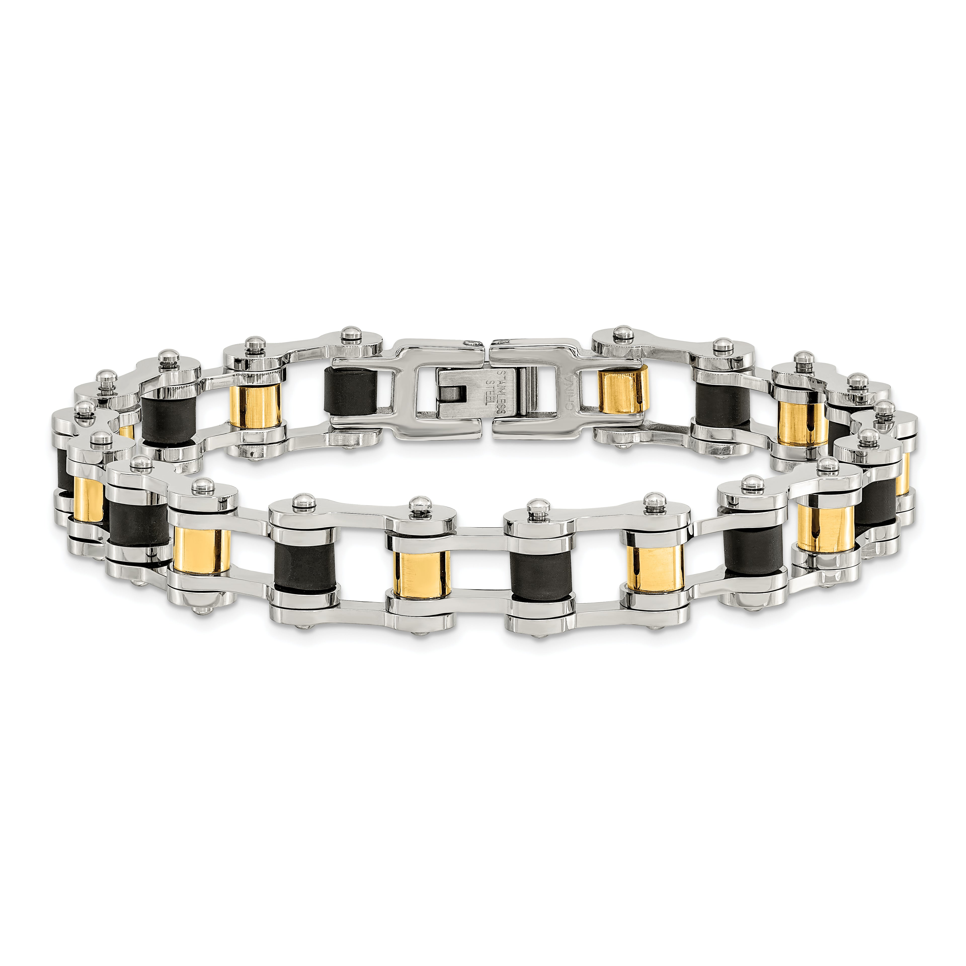 Yellow IP & Black Rubber Bracelet in Stainless Steel