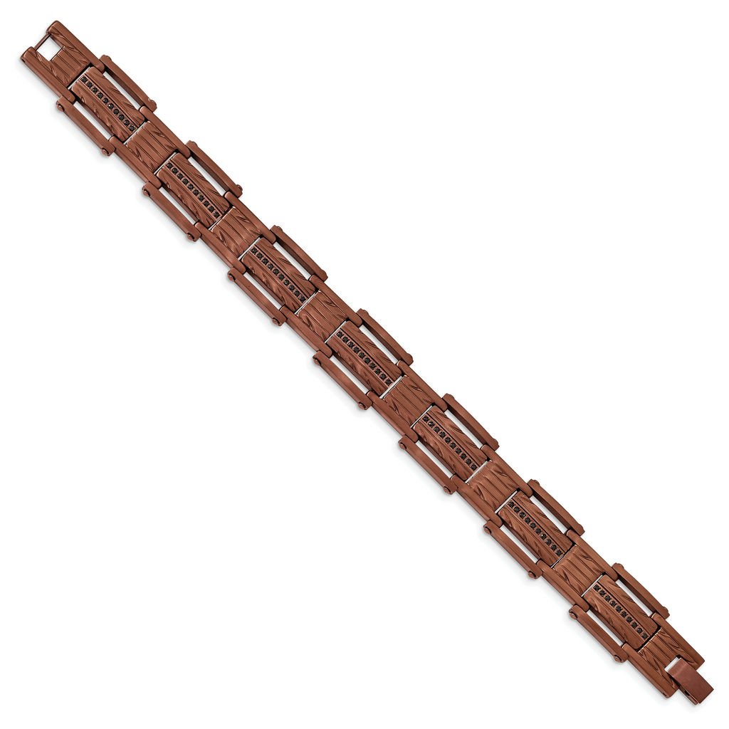 Brown IP-Plated Link Bracelet in Stainless Steel with Black CZ