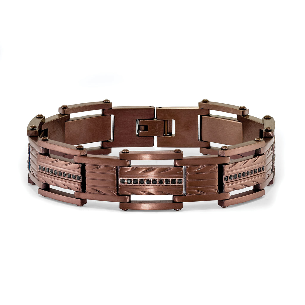 Brown IP-Plated Link Bracelet in Stainless Steel with Black CZ