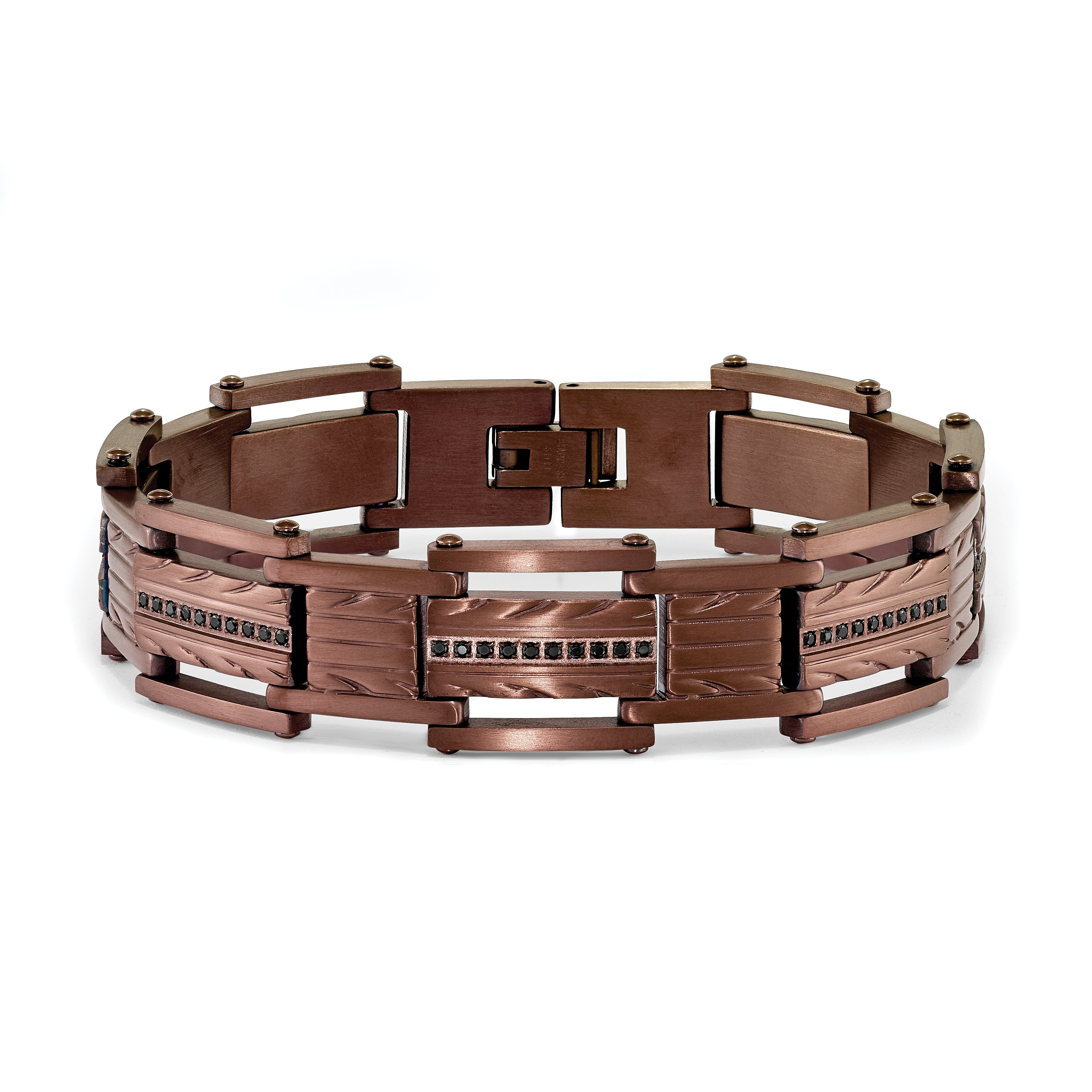Brown IP-Plated Link Bracelet in Stainless Steel with Black CZ