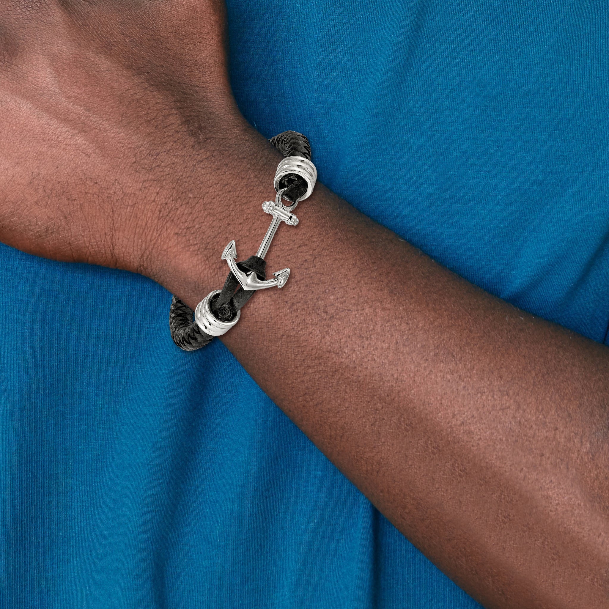 Anchor Braided Leather Bracelet in Stainless Steel Secondary image
