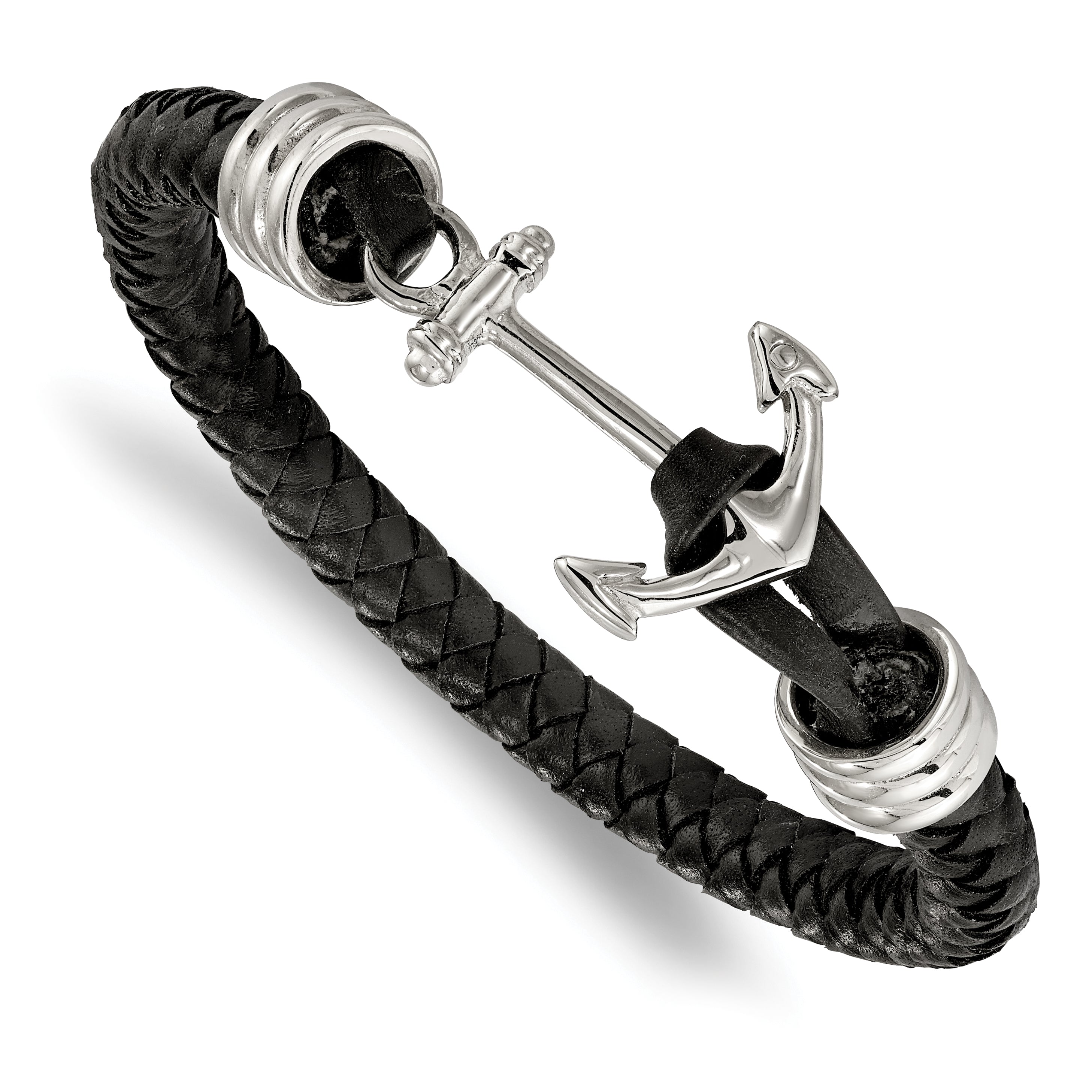 Chisel Stainless Steel Polished Anchor Black Braided Leather 8.5 inch Bracelet Main image