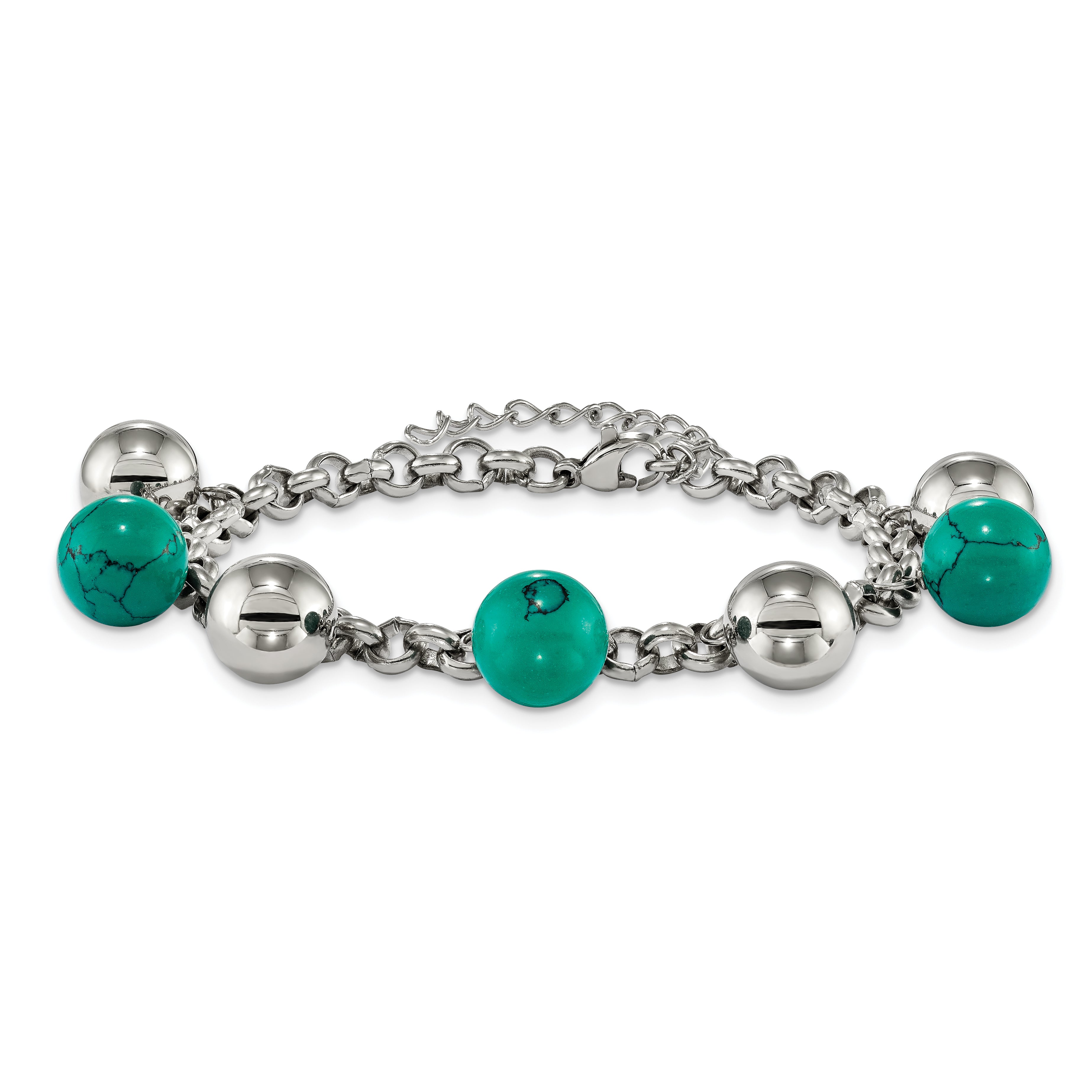 Stainless Steel Polished w/Imit.Turquoise Beads w/2in ext. 7in Bracelet