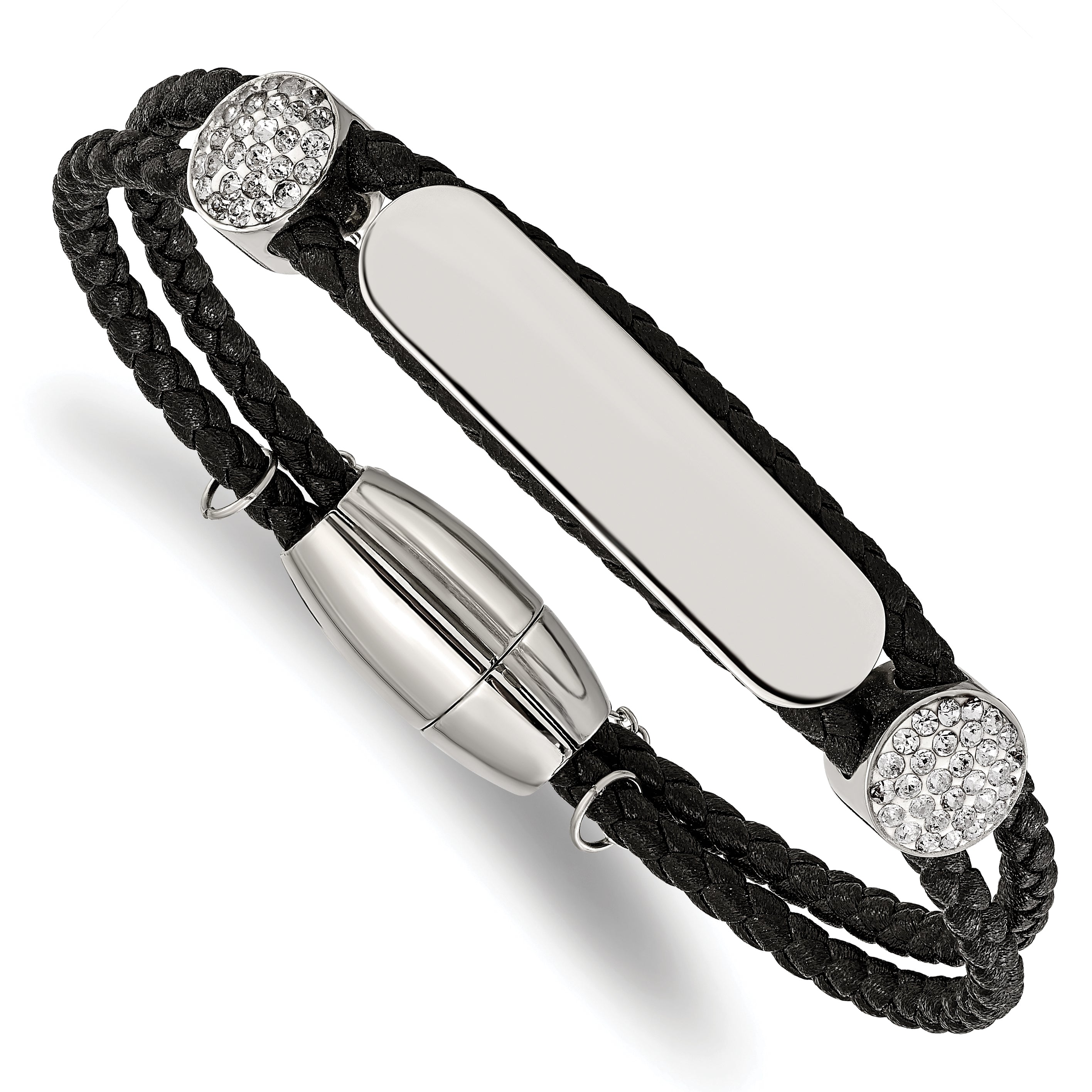 Chisel Stainless Steel Polished with Preciosa Crystal Black Woven Leather 7 inch ID Bracelet