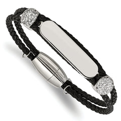 Chisel Stainless Steel Polished with Preciosa Crystal Black Woven Leather 7 inch ID Bracelet