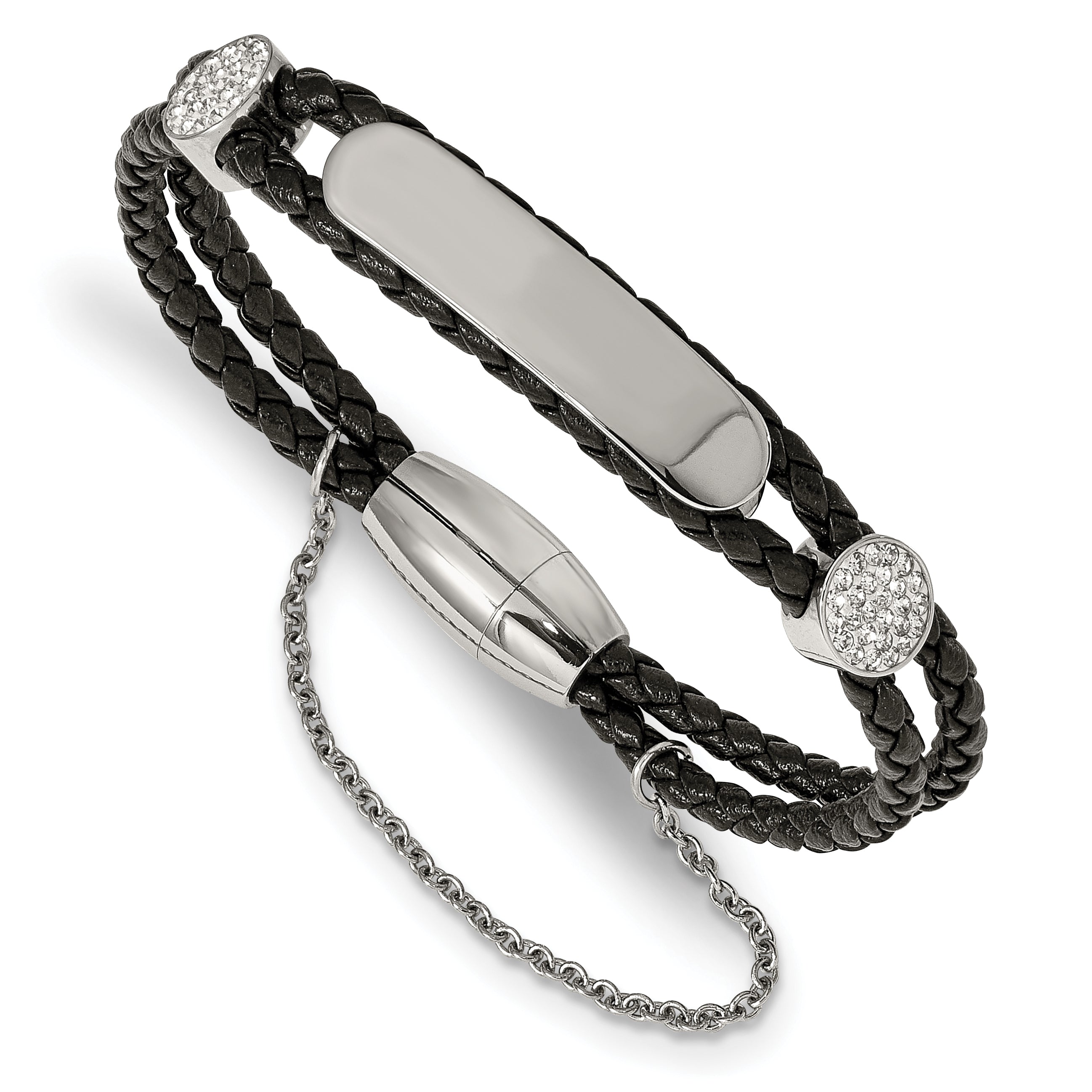 Chisel Stainless Steel Polished with Preciosa Crystal Black Woven Leather 7 inch ID Bracelet