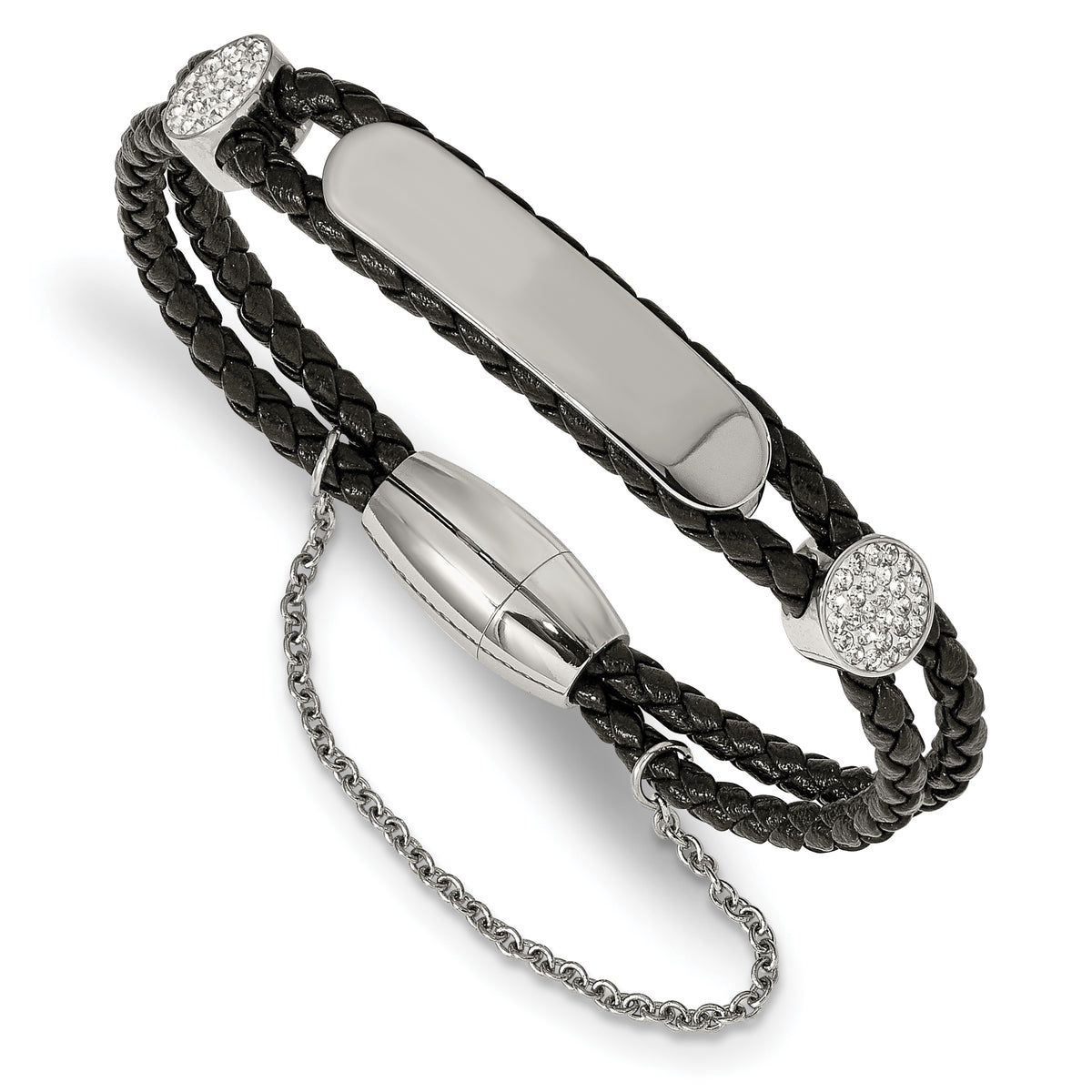 Chisel Stainless Steel Polished with Preciosa Crystal Black Woven Leather 7 inch ID Bracelet