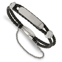 Chisel Stainless Steel Polished with Preciosa Crystal Black Woven Leather 7 inch ID Bracelet