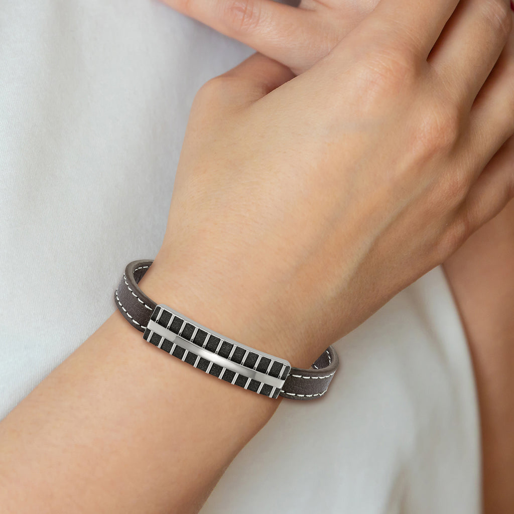 Black IP Laser-Cut Leather Bracelet in Stainless Steel