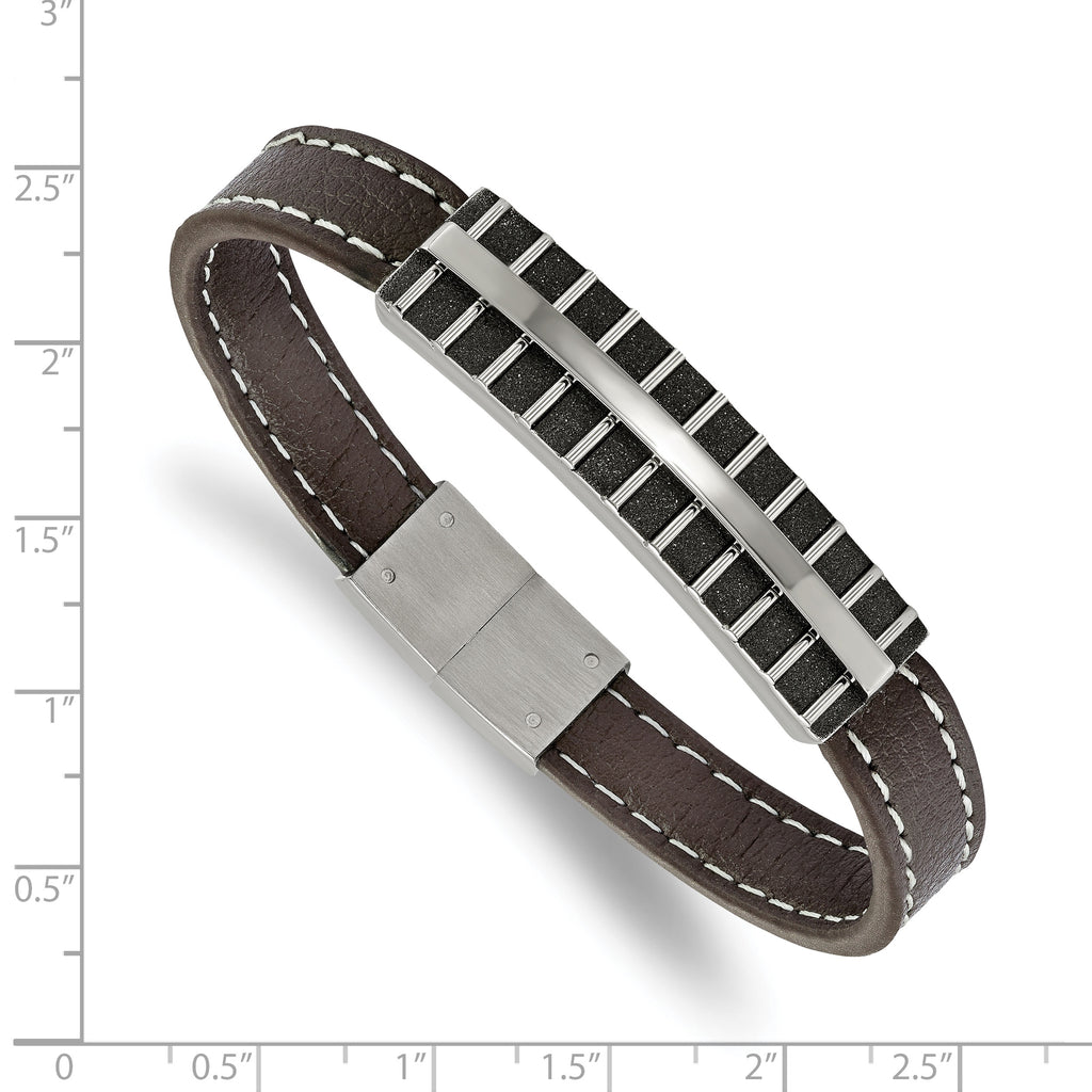 Black IP Laser-Cut Leather Bracelet in Stainless Steel