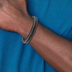 Chisel Stainless Steel Polished Braided Wire and Black Leather Adjustable 8 to 8.5 inch Bracelet - 8 to 8.5