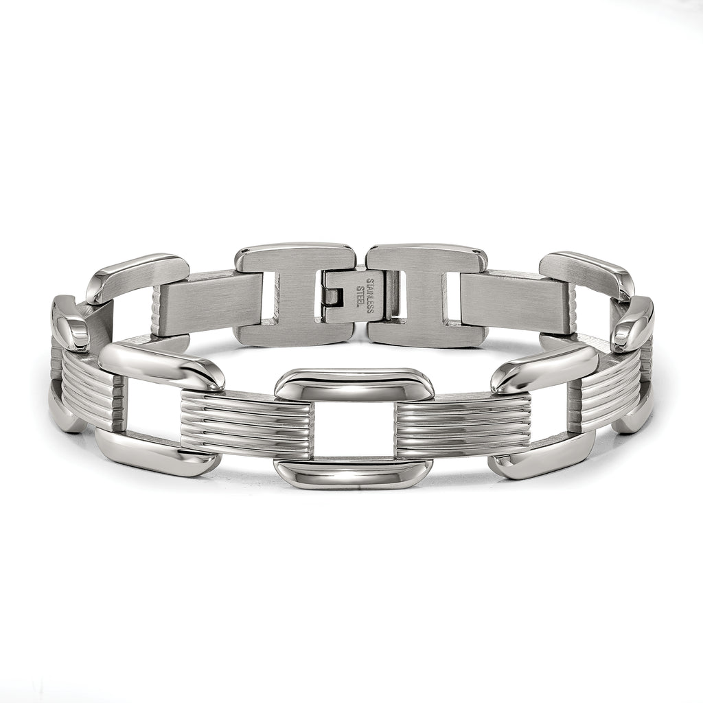 Polished & Textured Open Link Bracelet in Stainless Steel