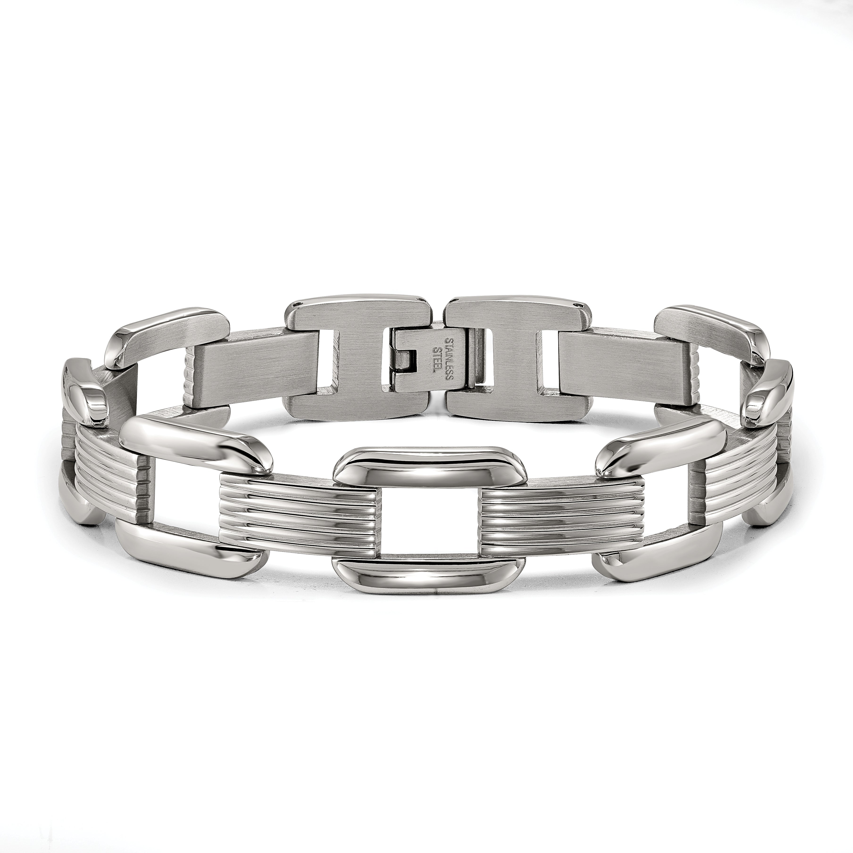 Polished & Textured Open Link Bracelet in Stainless Steel