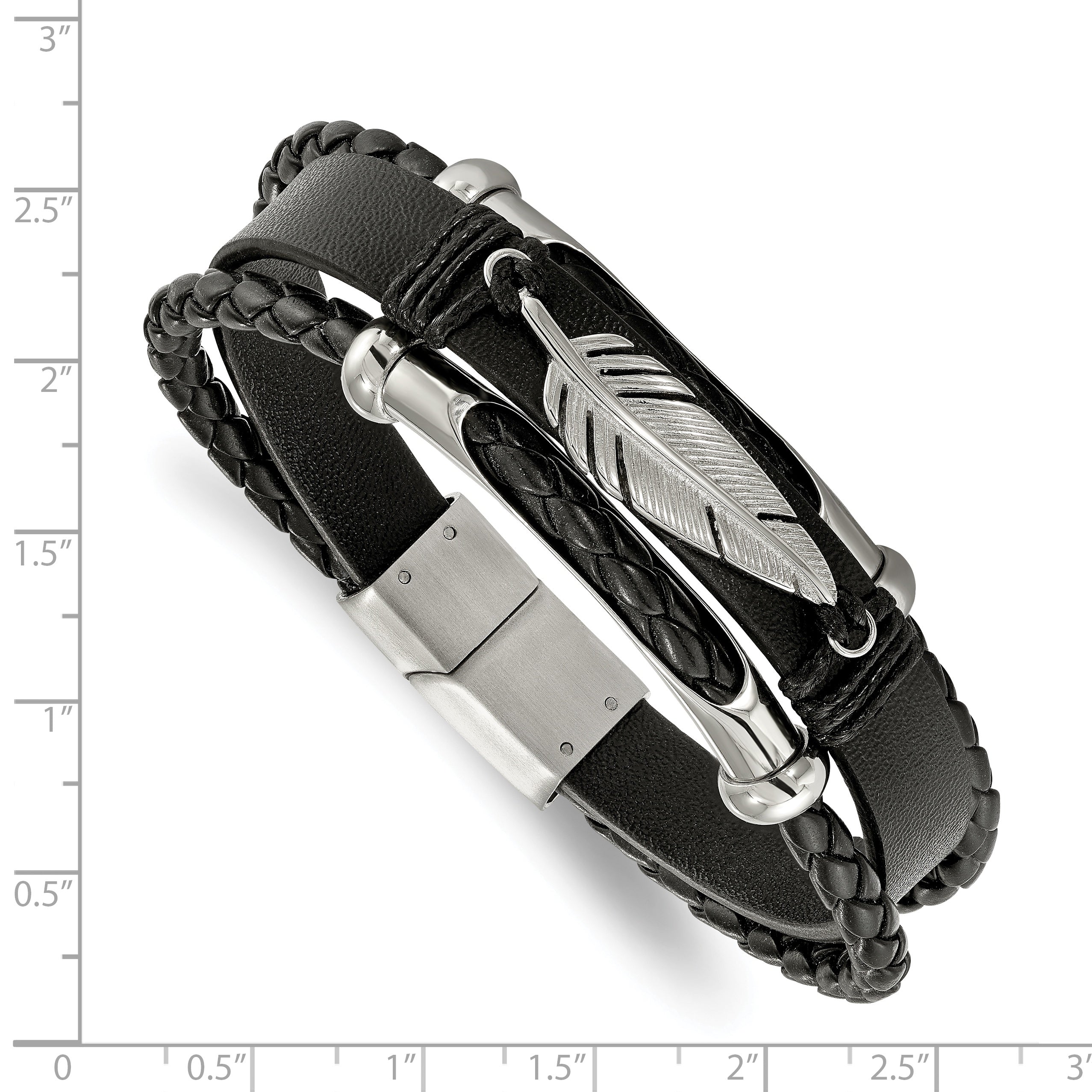 Chisel Stainless Steel Polished Feather Multi Strand Black Leather 8.25 inch Bracelet Secondary image