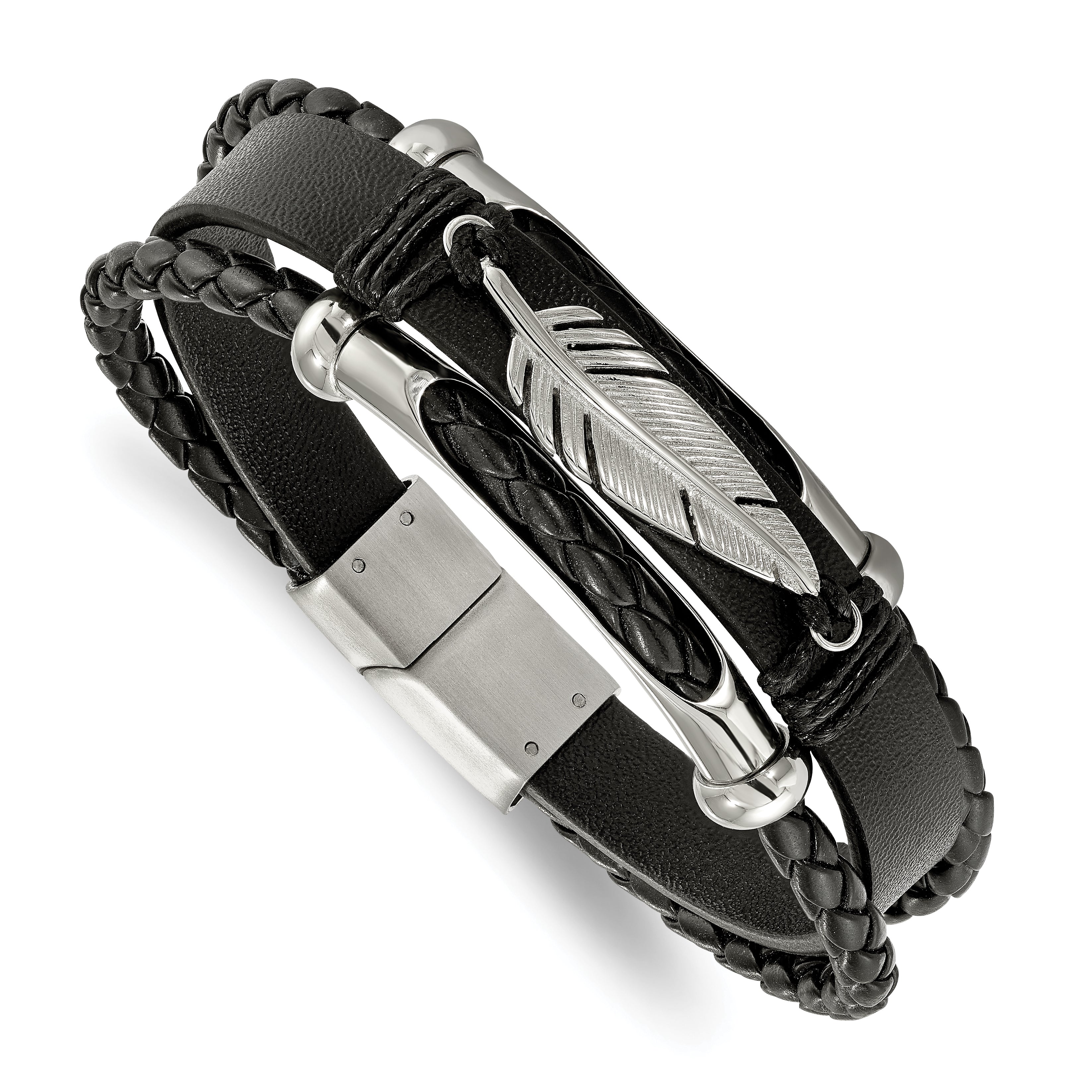 Chisel Stainless Steel Polished Feather Multi Strand Black Leather 8.25 inch Bracelet Main image