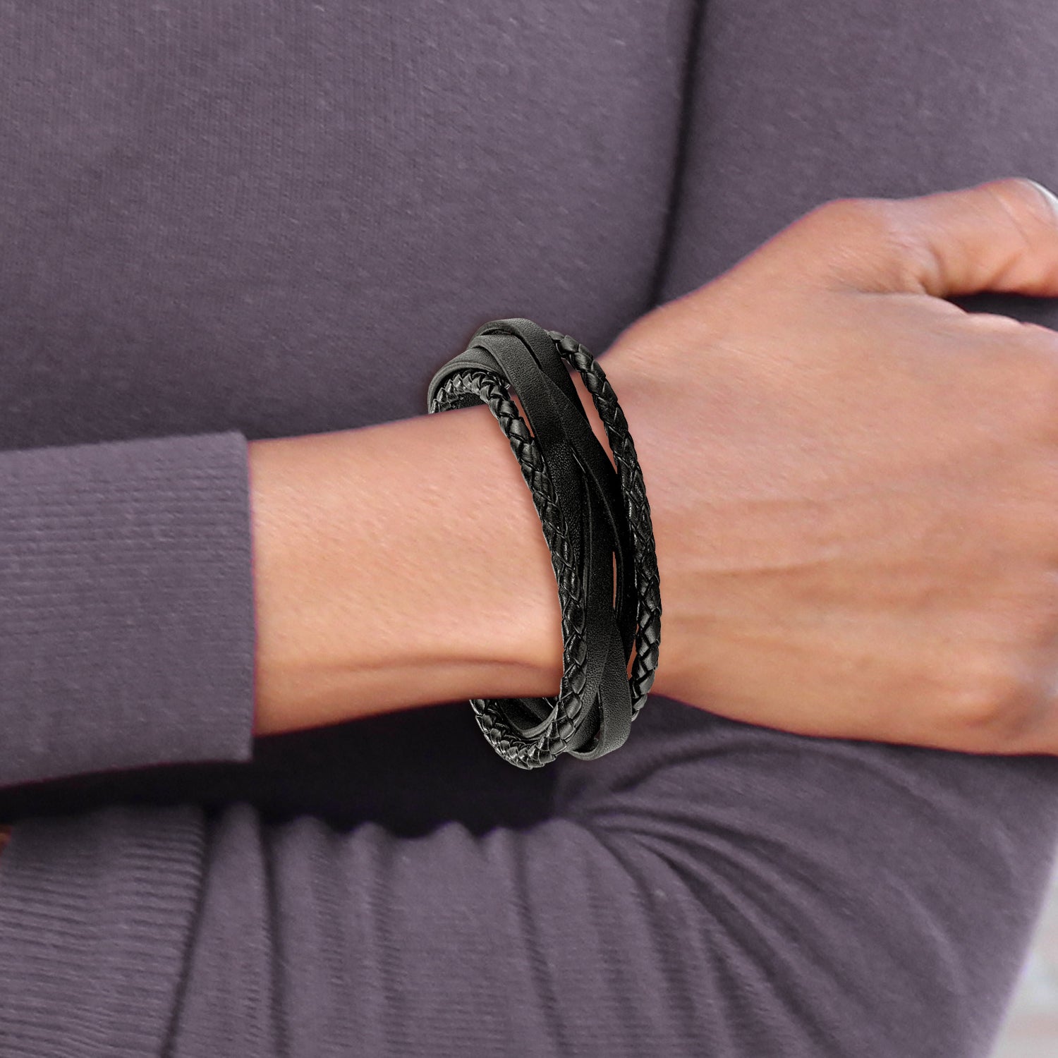 Chisel Stainless Steel Brushed Multi Strand Black Braided Leather 8.25 inch Bracelet Secondary image
