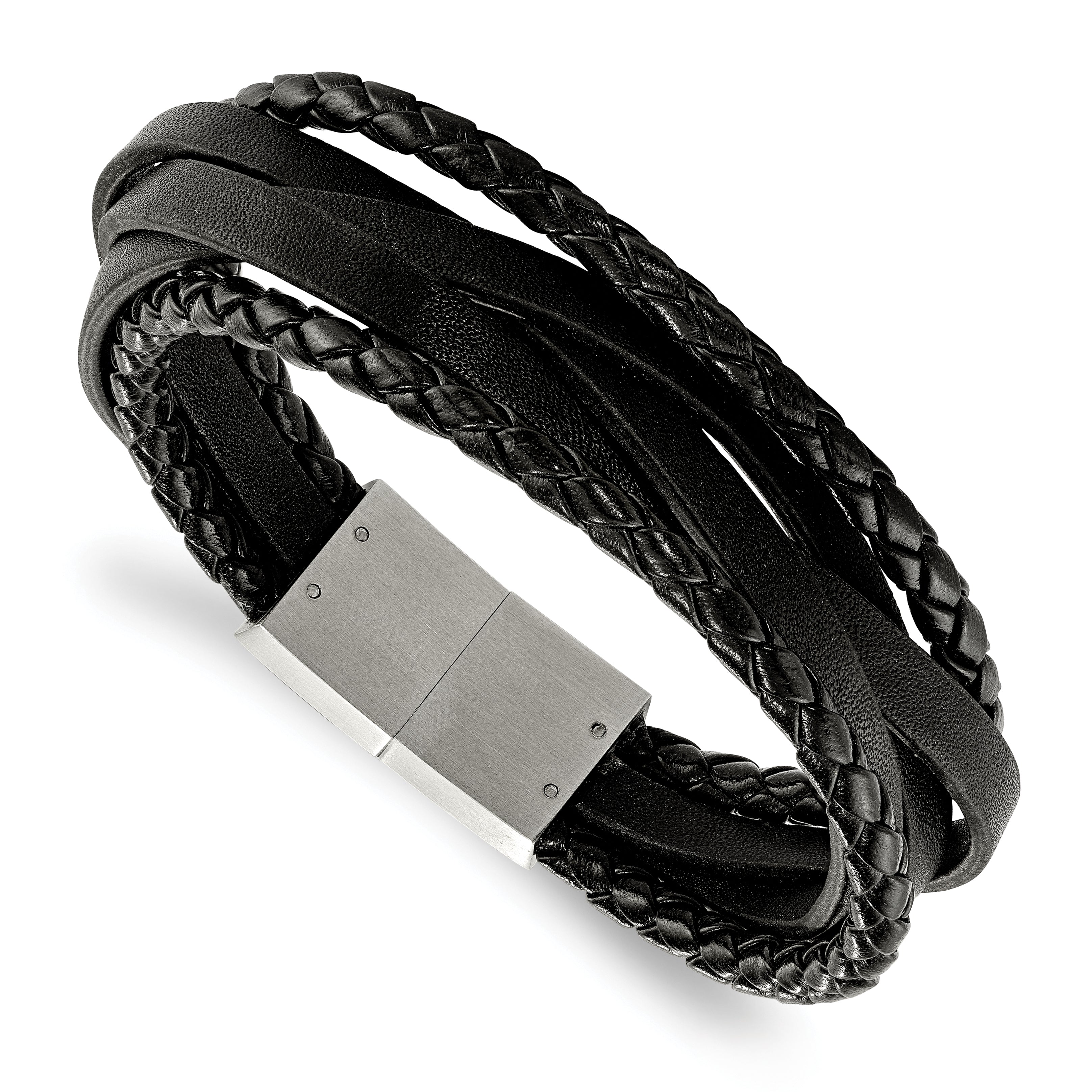 Chisel Stainless Steel Brushed Multi Strand Black Braided Leather 8.25 inch Bracelet Main image