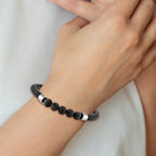 Lava Stone Beaded Bracelet in Stainless Steel & Black Leather