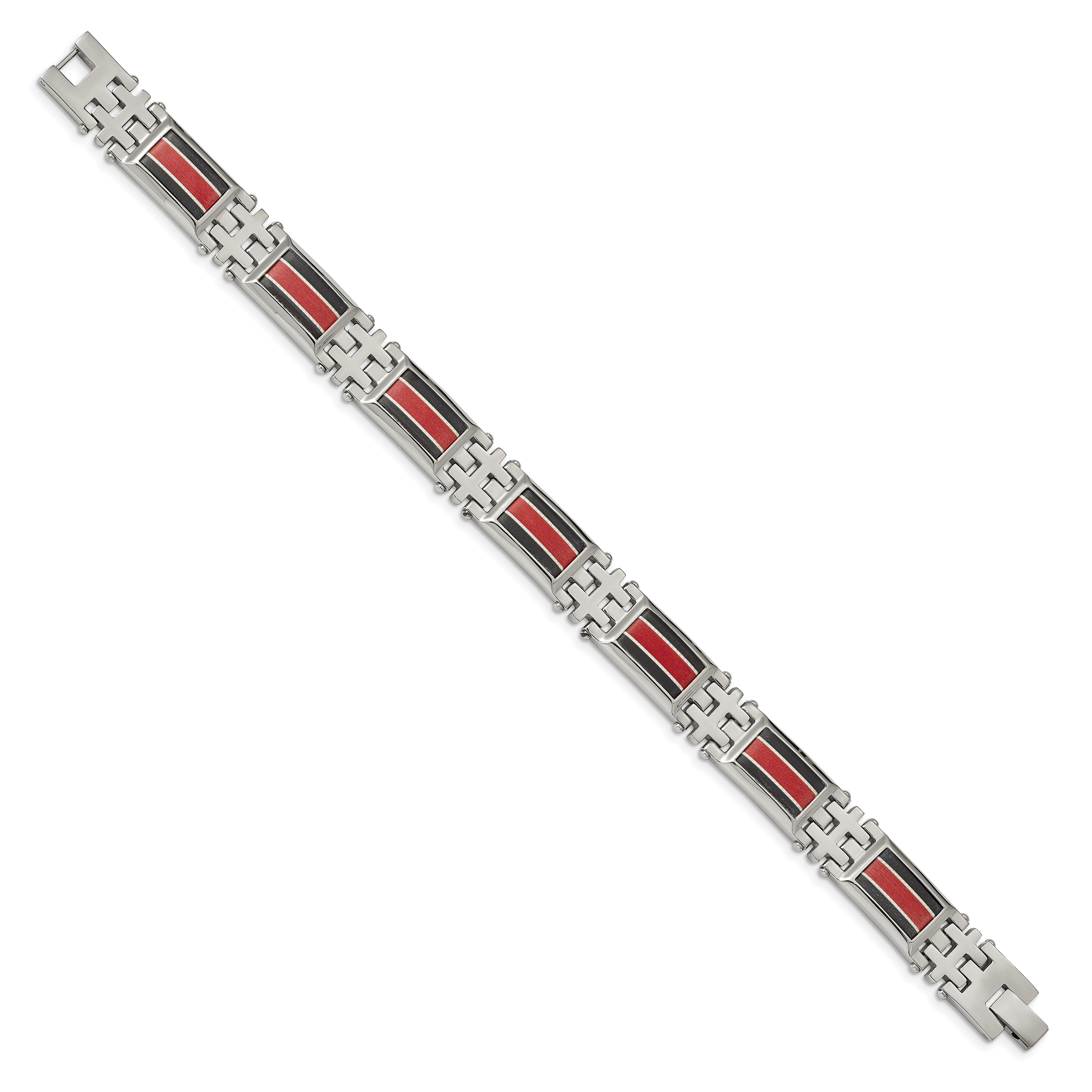 Chisel Stainless Steel Polished with Black Carbon Fiber and Red Fiberglass Inlay 9.25 inch Link Bracelet
