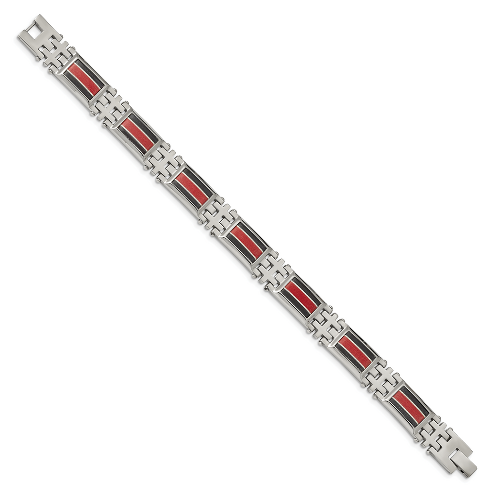 Chisel Stainless Steel Polished with Black Carbon Fiber and Red Fiberglass Inlay 9.25 inch Link Bracelet