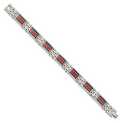 Chisel Stainless Steel Polished with Black Carbon Fiber and Red Fiberglass Inlay 9.25 inch Link Bracelet