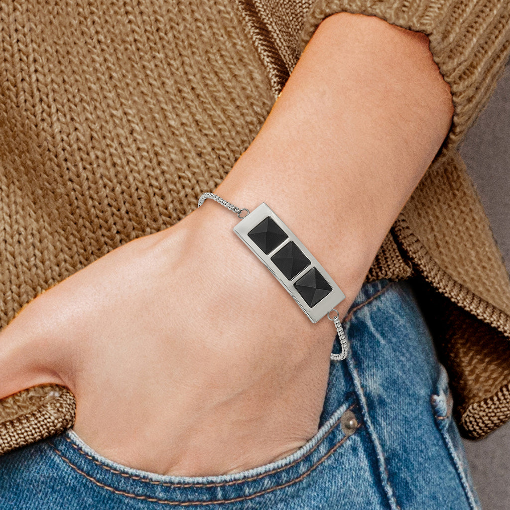 Stainless Steel Brushed and Polished w/Solid Blk Carbon Fiber Adj Bracelet