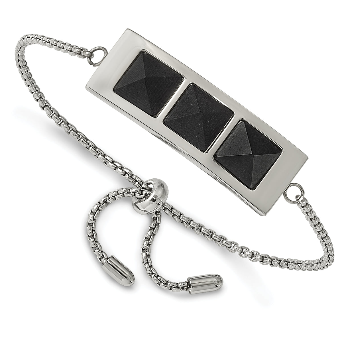 Stainless Steel Brushed and Polished w/Solid Blk Carbon Fiber Adj Bracelet