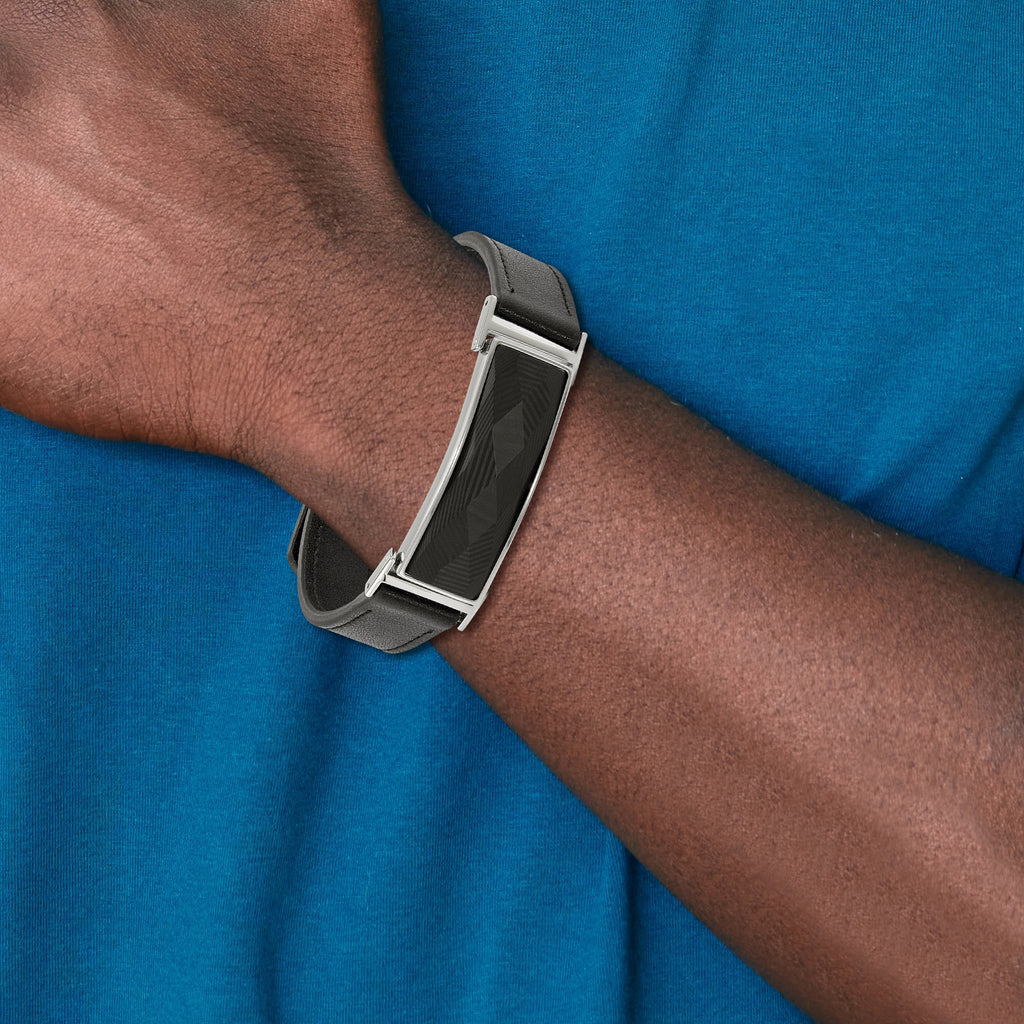 Black Leather & Carbon Fiber Inlay Bracelet in Stainless Steel