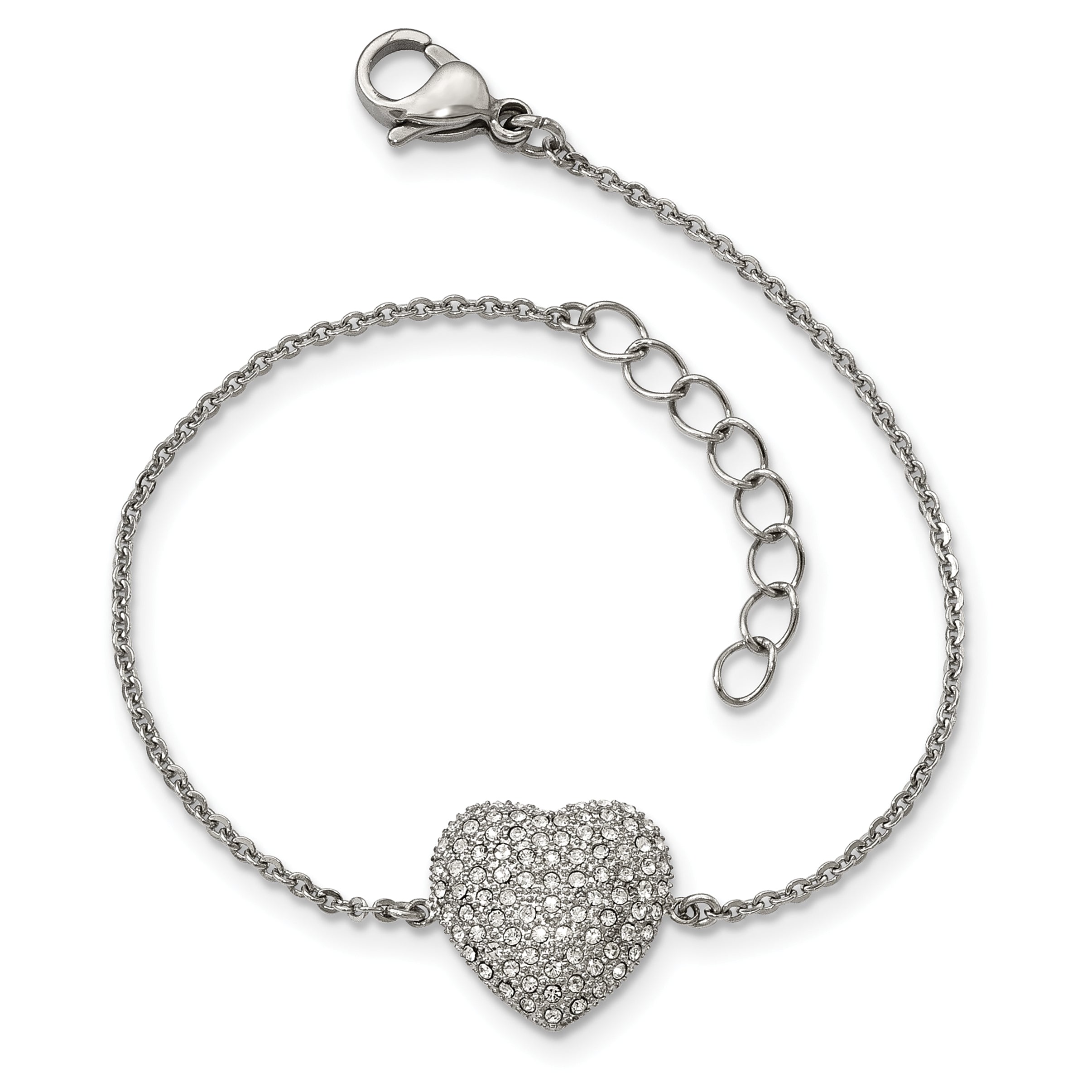 Stainless Steel Polished With Preciosa Crystal Heart With1 inch ext. Bracelet