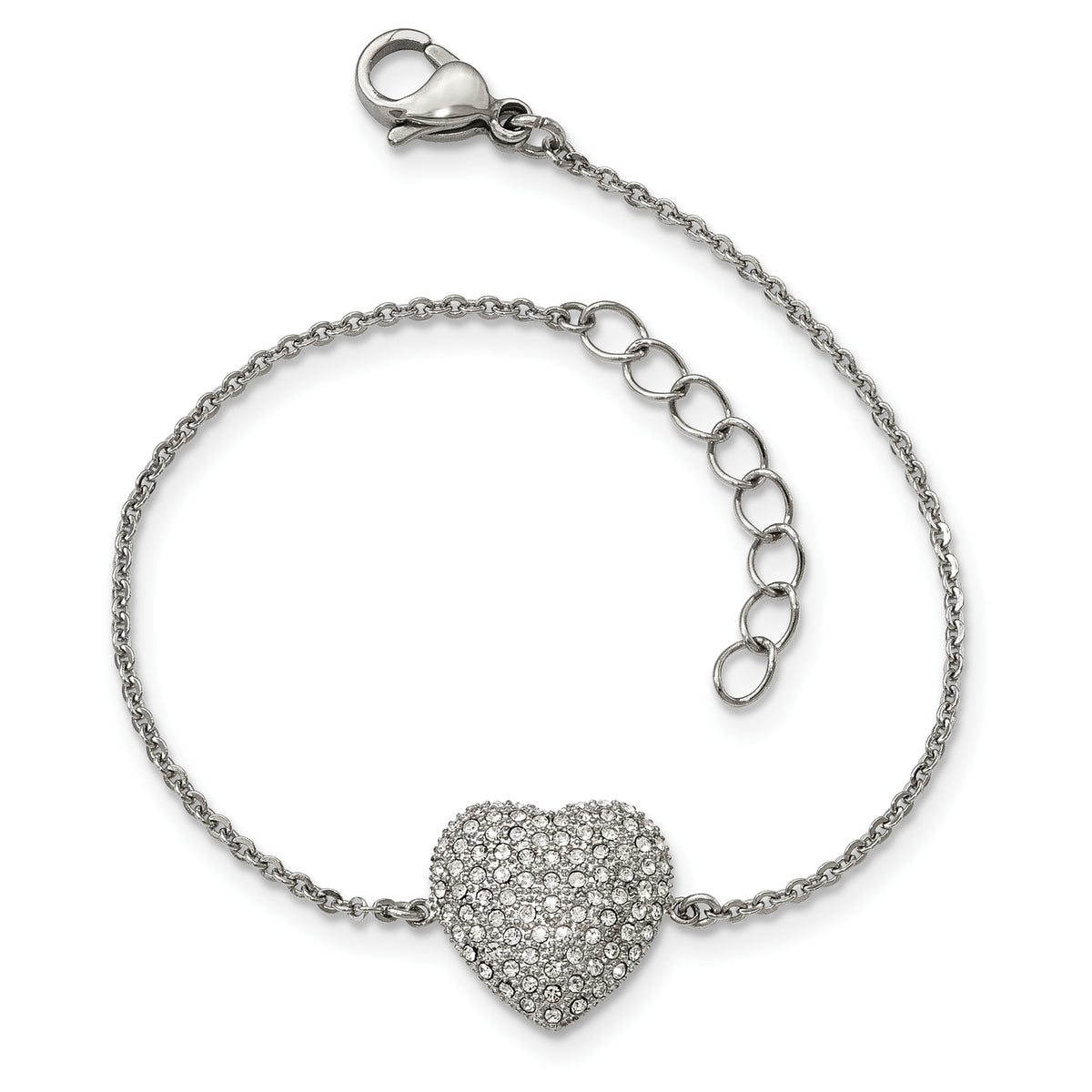 Stainless Steel Polished With Preciosa Crystal Heart With1 inch ext. Bracelet