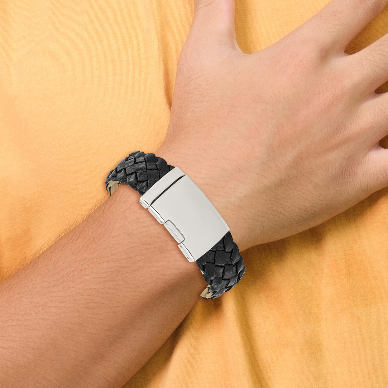 Polished Leather Bracelet in Stainless Steel