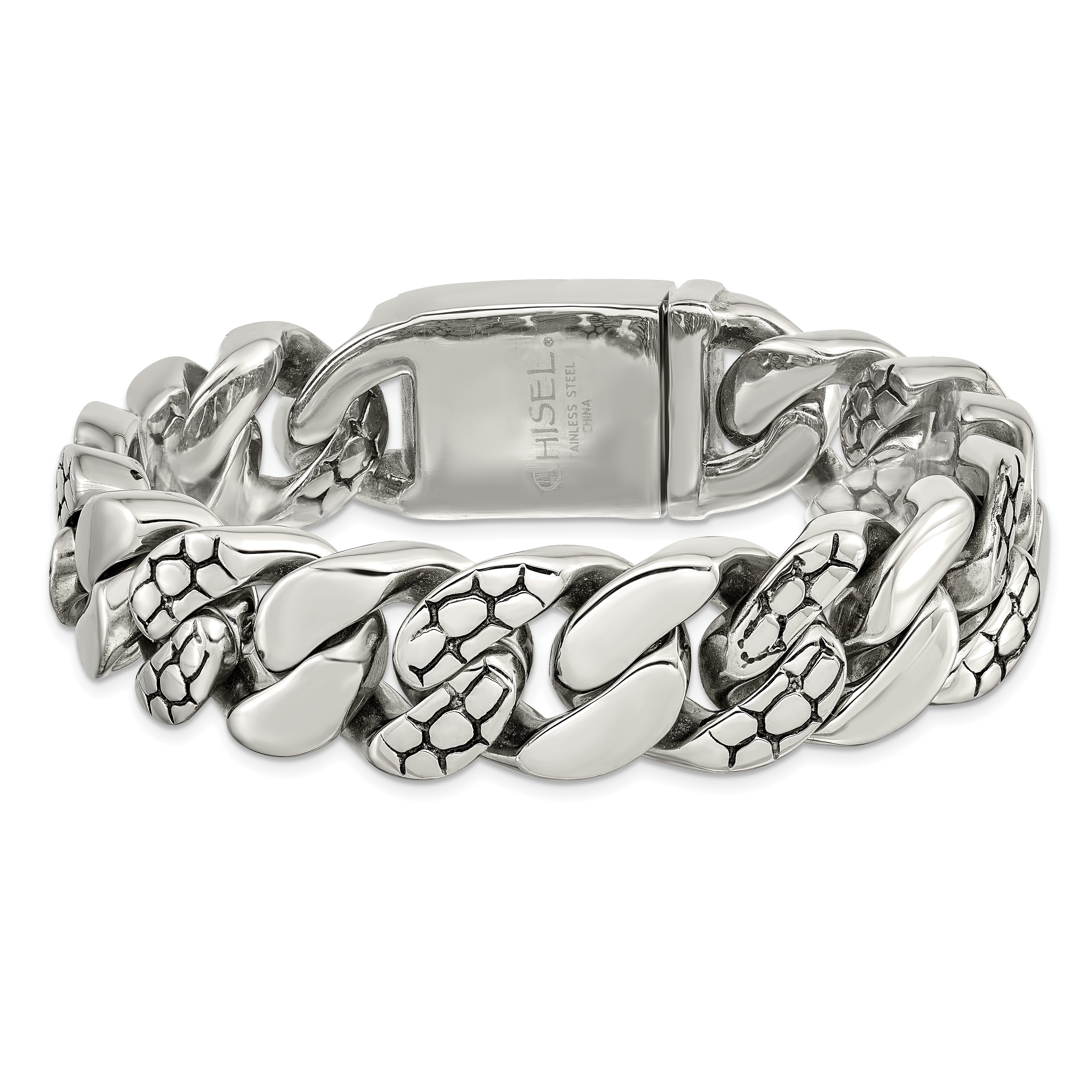 Chisel Stainless Steel Polished and Textured Snake Skin Design 8.5 inch Curb Bracelet